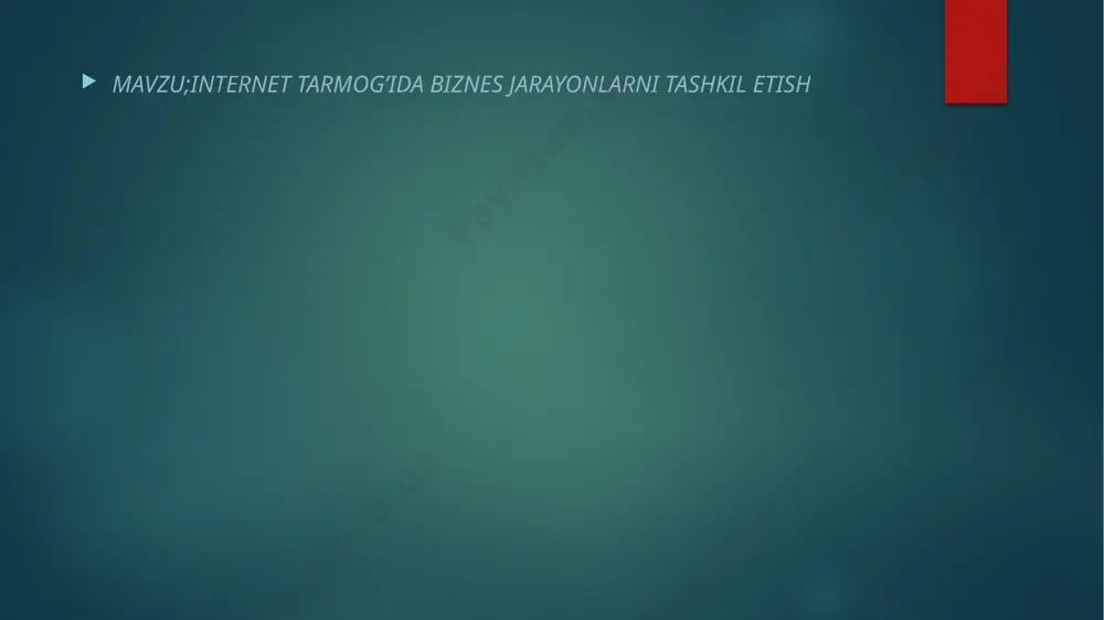 resurslarga(bino, uskunalar, hom-ashyo) ega bo'lgan holda ham mahsulot ishlab chiqarish yoki xizmat ko'rsatishni yo'lga qo'yish oson emas; biznes jarayonlarni yaratish aniq tushunchasini kim beradi biznes jarayonlarini yaratish aniq tushunchani beradi: kim qaysi bosqich uchun javobgar, u qanday lavozimni egallaydi va nima qilishi kerak. ushbu tuzilish ishlab chiqarishni tashkil qilishni shaffof qiladi va boshqarishni osonlashtiradi. maqsad daraxtini xodimlarga etkazish orqali siz ularning ishlarining umumiy maqsadlarga qaratilganligini namoyish qilib, ularning g'ayratlarini oshirishingiz mumkin. bundan tashqari, biznesni shu tarzda tashkil etish moliyaviy va vaqt resurslarining ortiqcha xarajatlarini aniqlashga yordam beradi. e’tiboringiz uchun raxmat! image6.png image7.png image8.jpeg image9.jpeg image10.jpg image2.png image3.png image4.png image5.png /docprops/thumbnail.jpeg