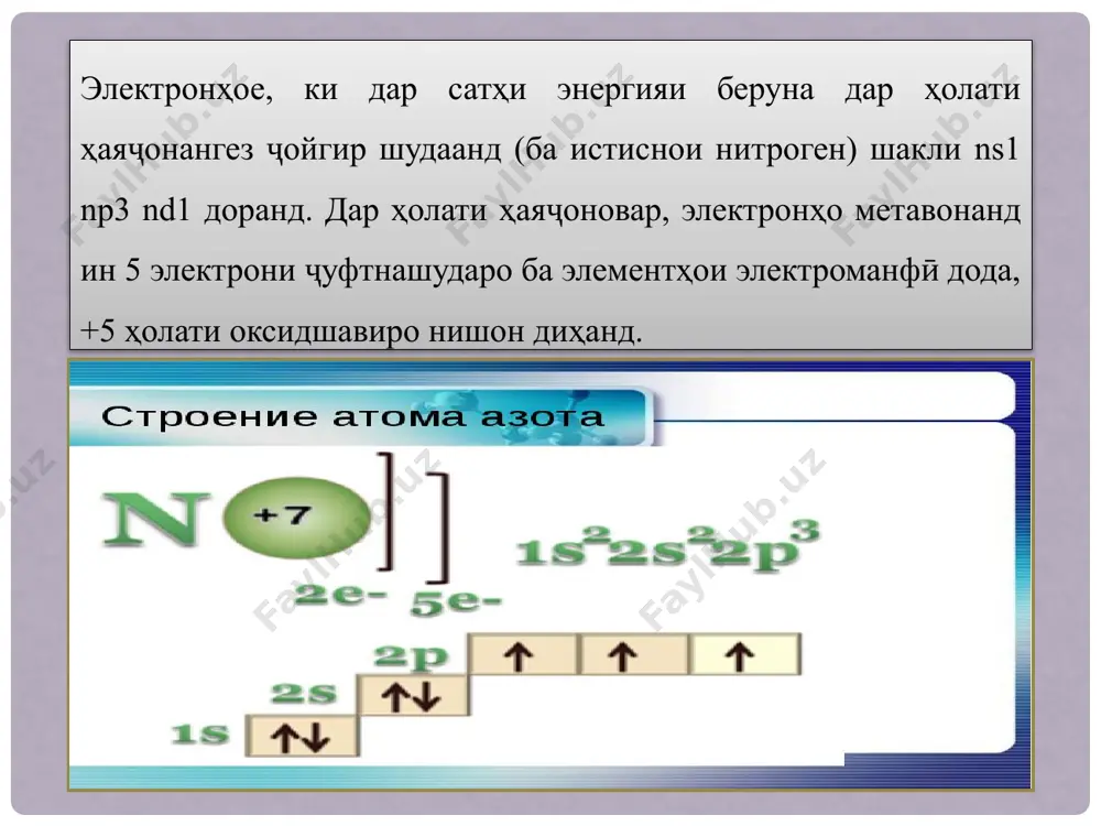 а мешавад, то h2n-nh2 ба даст ояд: агар хлорамини хосилшуда боз ба аммиак дучор шавад, гидразин хосил мешавад: гидроксиламин. кристалл бе ранг, ки дар 33, gs моеъ мешавад. валентнокии нитроген 3, дараҷаи оксидшавӣ -1 аст: онро аз ҳисоби кам кардани кислотаи нитратӣ бо гидрогени атомӣ ҳангоми электролиз ба даст овардан мумкин аст: гидроксиламин хосиятҳои пойгоҳи заифро нишон медиҳад ва он аз аммиак заифтар аст: гидроксиламин як агенти коҳишдиҳанда ва оксидкунанда мебошад. дар зери таъсири йод он дар муҳити сілтӣ оксид мешавад: гидроксиламин хосиятҳои сусти асосиро нишон медиҳад ва оназ аммиак заифтар аст: агар ба гидроксиламин дар муҳити кислота таъсир расонад, он ба агенти оксидкунанда табдил меёбад: nh2oh ба осонӣ ба аммиак, об ва нитроген таҷзия мешавадистеҳсол мекунад: триазид ё кислотаи гидрохлоридӣ. кислотаи триазид як моеъи бӯи тезест, ки дар -80°с сахт мешавад ва дар ҳарорати 36°с меҷӯшад. кислотаи триазид заҳри қавӣ аст. намакҳои кислотаи триазидӣ аҳамияти амалӣ доранд. триазид дар …