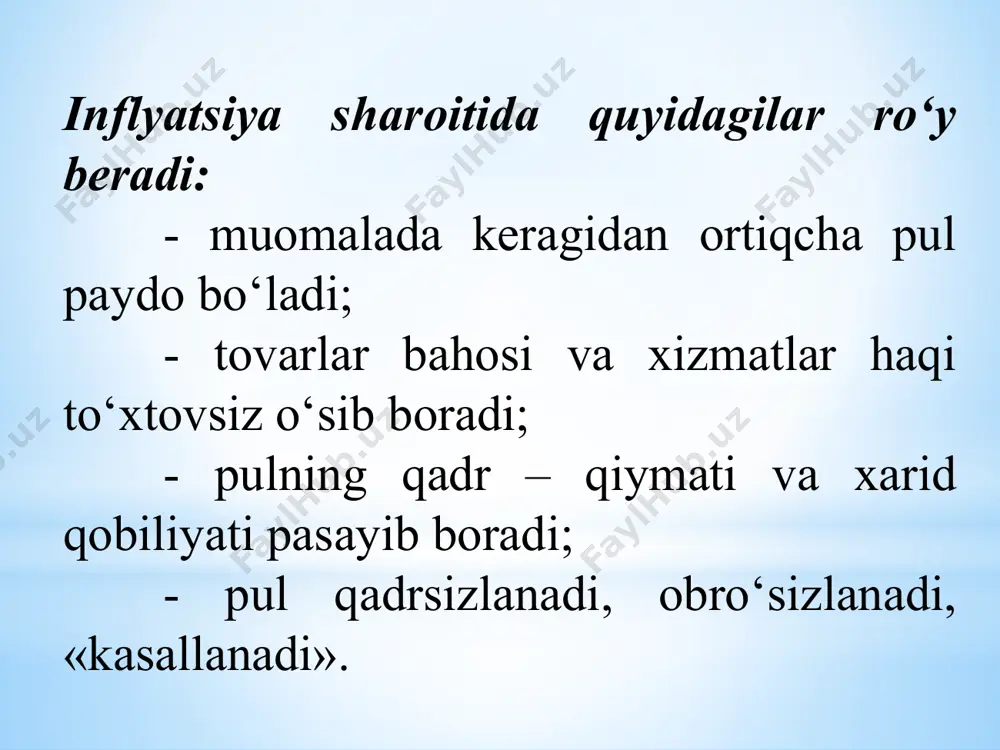 gan, to‘g‘ri kelgan tovarlarni sotib ola boshlaydilar. tovarlar taqchilligi paydo bo‘ladi. pulga o‘z qadrini yo‘qotmaydigan mol- mulk (yer,uy, inshootlar), kelajakda yaxshi mulk bo‘lib qoladigan osori-atiqa(antikvar)lar va noyob buyumlar (qadimiy san’at asarlari, kitoblar, qo‘l yozmalar), nodir metallar va qimmatbaho toshlar, shuningdek, barqaror valyutalar (aqsh dollari, yevro va boshqalarni) sotib olish ommaviy tus oladi. inflyatsiya bank tizimini ham chetlab o‘tmaydi. bank imkoniyatlari qadrsizlanadi. uzoq muddatli qarz berishga barham beriladi, chunki qadrli pullarda berilgan kreditlar ma’lum muddatlardan so‘ng qadrsizlangan pullarda qaytariladi. bank krediti uchun to‘lanadigan foizlar o‘sib boradi. aholining bank tizimiga bo‘lgan ishonchi yo‘qoladi va bankka o‘z jamg‘armalarini omonatlar sifatida qo‘yish deyarli to‘xtaydi. ho‘jaliklar o‘rtasidagi hisob - kitoblar ham ma’lum darajada chigallashadi. 4.inflyatsiyani tizginlash borasida amalga oshiriladigan tadbirlar. inflyatsiyani tizginlash va oxir – oqibatda to‘xtatish hamda pul muomalasini barqarorlashtirish maqsadida quyidagi chora - tadbirlar ko‘rilishi mumkin: - mamlakatda pul islohotini o‘tkazish. - inflyatsiya jarayonining davlat tomonidan boshqarib borilishi. mamlakatda pul muomalasini tartibga solish …