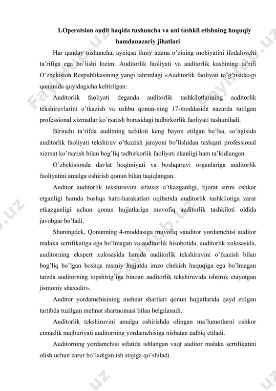 etayotgan jismoniy shaxsdir». auditor yordamchisining mehnat shartlari qonun hujjatlarida qayd etilgan tartibda tuzilgan mehnat shartnomasi bilan belgilanadi. auditorlik tekshiruvini amalga oshirishda olingan ma’lumotlarni oshkor etmaslik majburiyati auditorning yordamchisiga nisbatan tadbiq etiladi. auditorning yordamchisi sifatida ishlangan vaqt auditor malaka sertifikatini olish uchun zarur bo’ladigan ish stajiga qo’shiladi. o’zbekistonda auditorlik faoliyati mustaqil yuridik shaxs huquqiga ega auditorlik tashkilotlari tomonidan amalga oshiriladi. qonunga ko’ra auditorlik tashkiloti auditorlik faoliyatini amalga oshirish litsenziyasiga ega bo’lgan yuridik shaxsdir. buxgalteriya hisobotlari buxgalteriya apparati, boshqa iqtisodiy xizmatlar va korxona bo’limlari, hamda ishlab chiqarish bo’linmalaridagi ko’p sonli xodimlarning uzoq davom etgan va mashaqqatli mehnatlari natijasi hisoblanadi. hisob axborotlari va ular asosida tuziladigan hisobotlarning ishonchliligi va sifati dastlabki hisobning qanday tashkil etilganligiga, hujjatlashtirish intizomining qanchalik mustahkamligiga va umuman korxona hisob siyosatining qay darajada malakali tuzilganligiga ko’p jihatdan bog’liq. buxgalterlik amaliyotini o’rganish shuni ko’rsatmoqdaki, ayrim korxonalarda buxgalterlar malakasi etishmasligi oqibatida dastlabki hujjatlarga ishlov berish, guruhlash va buxgalteriya hisobi schyotlarida to’g’ri (yoki …