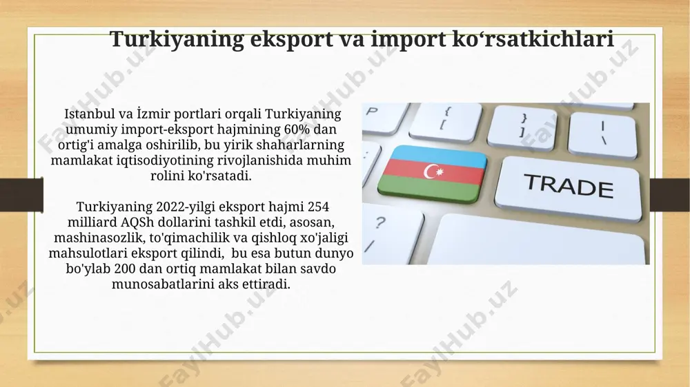 uhim oʻrin egallaydi, oʻzbekiston esa asosan markaziy osiyo va mdh mamlakatlariga eksport qiladi. oʻzbekistonning jahon bozoridagi eksport ulushi turkiya bilan solishtirganda ancha past boʻlib, 2023-yil ma'lumotlariga ko'ra, turkiyaning eksport daromadi oʻzbekistondan 50 milliard dollarga koʻp. oʻzbekiston va turkiya oʻrtasidagi savdo aloqalari 2022-yilda oʻzbekiston va turkiya oʻrtasidagi savdo ayirboshlash hajmi 2 milliard aqsh dollaridan oshgan boʻlib, unda turkiyaning oʻzbekistonga eksporti importdan yuqori boʻlgan. oʻzbekistonning turkiya bilan asosiy savdo hamkorlari orasida toshkent va istanbul shaharlari muhim rol oʻynaydi, toʻqimachilik va qishloq xoʻjaligi mahsulotlari asosiy eksport yoʻnalishlarini tashkil etadi. oʻzbekiston va turkiya iqtisodiyotining umumiy tahlili istanbul va toshkent kabi yirik shaharlarning iqtisodiy rivojlanishiga qaramasdan, oʻzbekiston va turkiya iqtisodiyotining mintaqaviy rivojlanish darajasi bir xil emas, bu esa davlatlarning infrastrukturasi va texnologiyalariga ta'sir qiladi. oʻzbekistonning yalpi ichki mahsuloti (yaim) 2022 yilda taxminan 80 milliard aqsh dollarini tashkil etgan boʻlsa, turkiyaniki 819 milliard aqsh dollaridan oshgan, bu esa ikki davlat oʻrtasida sezilarli farqni koʻrsatadi. oʻzbekiston va …