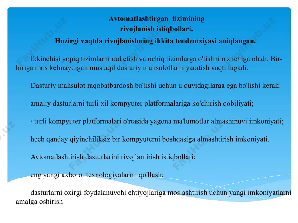 odernizatsiya qilish natijasida ilmiy-texnikaviy taraqqiyotni tezlashtirish imkonini beradi. ochiqlik tizimda uning boshqa tizimlar yoki quyi tizimlar bilan interfeysini ta'minlaydigan interfeys qismini ajratishni nazarda tutadi. agar interfeys qismlari ma'lum turdagi tizimlarning barcha yaratuvchilari rioya qilishlari kerak bo'lgan oldindan belgilangan qoidalar va konventsiyalarga muvofiq tuzilgan bo'lsa, unda yangi murakkab tizimlarni yaratish muammosi ancha soddalashtiriladi. tizimning ochiqligi aspektlari standartlashtirishda ifodalanadi: avtomatlashtirgan tizimining rivojlanish istiqbollari. at samaradorligini oshirish yo'llari. sirtqi ta’limni amalga oshirish o‘quv jarayoniga bir qator cheklovlar qo‘yadi, shu bilan birga masofaviy ta’lim texnologiyalarini joriy etish hisobiga bilimlarni egallash tizimi yanada moslashuvchan bo‘ladi. ta'limning sirtqi shakli talabaning mustaqil ta'limi uchun ajratilgan vaqtni ko'paytirish bilan tavsiflanadi. klassik sxemada bunday o'qitish sifatining mezoni testlarni baholash hisoblanadi. individual nazorat masalalari bo‘yicha topshiriqlar o‘qituvchi tomonidan beriladi, talaba o‘z navbatida mashg‘ulot davomida bajarilgan ishni ta’minlashi shart. shu bilan birga, ish bilimlarni yakuniy baholash uchun material bo'lib xizmat qilmaydi, balki uni rivojlantirishda muhim rol o'ynaydi. masofaviy formatda fanni amalga …