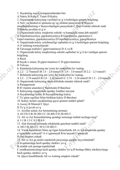 kalsiy va fermentlar bo‘yicha test savollari — DOCX
