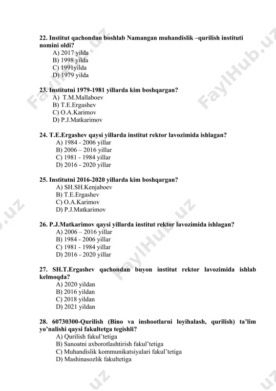 an? a) 40-moddasida b) 39-moddasida c) 38-moddasida d) 34-moddasida 41. ta’lim oluvchilarning huquqlari ta`lim to’g’risida”gi qonuni” qaysi moddasida keltirilgan? a) 47-moddasida b) 39-moddasida c) 40-moddasida d) 38-moddasida 42. ta’lim oluvchilarning majburiyatlari ta`lim to’g’risida”gi qonuni” qaysi moddasida keltirilgan? a) 48-moddasida b) 39-moddasida c) 40-moddasida d) 47-moddasida 43. voyaga yetmagan ta’lim oluvchilar ota-onasining hamda boshqa qonuniy vakillarining huquq va majburiyatlari ta`lim to’g’risida”gi qonuni” qaysi moddasida keltirilgan? a) 51-moddasida b) 48-moddasida c) 40-moddasida d) 47-moddasida 44. o’zbekiston respublikasi prezidentining “ma’naviy-ma’rifiy ishlar samaradorligini oshirish bo’yicha qo’shimcha chora-tadbirlar to’g’risida”gi qarori qachon qabul qilingan? a) 2019 yil 3 mayda b) 2020 yil 3 mayda c) 2018 yil 3 mayda d) 2021 yil 3 mayda 45. o’zbekiston respublikasi prezidentining “iqtidorli yoshlarni aniqlash va yuqori malakali kadrlar tayyorlashning uzluksiz tizimini tashkil etish chora-tadbirlari to’g’risida”gi qarori qachon qabul qilingan? a) 2019 yil 3 mayda b) 2020 yil 3 mayda c) 207 yil 3 mayda d) 2018 yil 3 mayda …