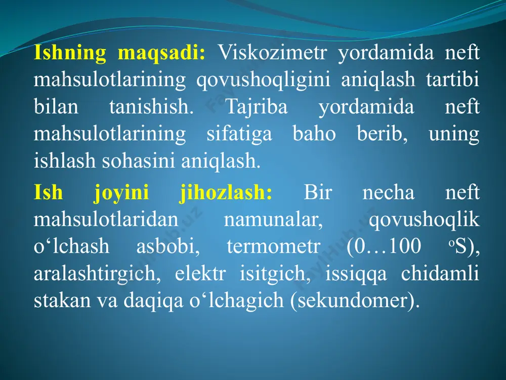 0 sst ga teng. motor moylarining kinematik qovushoqligi, ularning suyuq ishqalanishni ishonchli ta’minlay olish xususiyatini xarakterlovchi muhim sifat kо‘rsatkichlaridan biridir. bu kо‘rsatkich qancha yuqori bо‘lsa, ishqalanuvchi sirtlardagi moy pardasi ham shuncha mustahkam bо‘lib, silindrlardagi xalqalar zichligi shuncha yaxshi bо‘ladi va moy shuncha kam kuyadi. moyning qovushoqligi harorat pasayishi bilan keskin ortadi, shuning uchun uning qiymati qizigan dvigatel uzoq muddat ishlaganda ham past haroratlarda sovuq xolatdagi dvigatelni ishga tushirganda ham suyuq ishqalanishni ta’minlaydigan darajada optimal bо‘lishi kerak. dizel dvigatellarida qishki sharoitlarda kinematik qovushokligi 100 os da 8-10 sst, yozda esa 10-12 sst dagi motor moylari ishlatiladi. karbyuratorli dvigatellar uchun qishda - 6-8 sst, yozda 8-10 sst bо‘lgan moylar qо‘llaniladi. quyidagi rasmda neft mahsulotlarining kinematik qovushoqligini aniqlash uchun. u shaklidagi viskozimetr asboblari keltirilgan. 5-rasm. qovushoqlikni о‘lchash asboblari – viskozimetrlar: a-kanon-fenske viskozimetri:1 va 2 – trubkalar; 3 va 4-kengayishlar; b- pinkevich viskozimetri (vpj-4): 1 va 2-tirsaklar; 3-trubka; v- vpjg-2 viskozimetri: 1 va 2- …