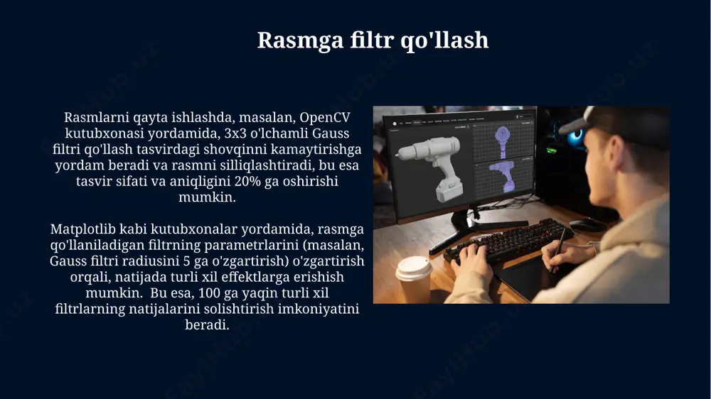 x kattalashtirish yoki 0.5x kichiklashtirish kabi turli o'lcham o'zgarishlarini qo'llab-quvvatlaydi, bu esa rasm sifatiga bog'liq ravishda 10-30% o'zgarishga olib kelishi mumkin, masalan, london shahrining fotosurati uchun. pythonning pillow kutubxonasi yordamida rasm o'lchamini 500x300 pikselga qadar kamaytirish mumkin, bu esa fayl hajmini 20% ga qisqartirishi mumkin, masalan, toshkentdagi serverda saqlangan rasm uchun. pillow kutubxonasi pillow kutubxonasi, rasmning o'lchamlarini o'zgartirish, ranglarni sozlash va filtrlarni qo'llash kabi 100 dan ortiq turli xil tasvirni qayta ishlash funksiyalariga ega bo'lib, bu esa londondagi fotosuratlarni tahrirlashda foydali bo'ladi. pillow kutubxonasi rasm formatlarining 80 dan ortiq turlarini, jumladan, jpeg, png, gif va tiffni qo'llab-quvvatlaydi va bu python dasturchilariga dunyoning istalgan burchagidan olingan turli xil tasvirlar bilan ishlash imkonini beradi. gif animatsiyalari gif animatsiyalarini yaratishda har bir kadr alohida rasm fayli sifatida saqlanadi va keyinchalik ular birlashtirilib, animatsiya hosil qilinadi, masalan, 10 kadrli animatsiya 10 ta rasmdan iborat bo'ladi. python'ning pillow kutubxonasi yordamida 256 ranggacha bo'lgan gif animatsiyalarini …