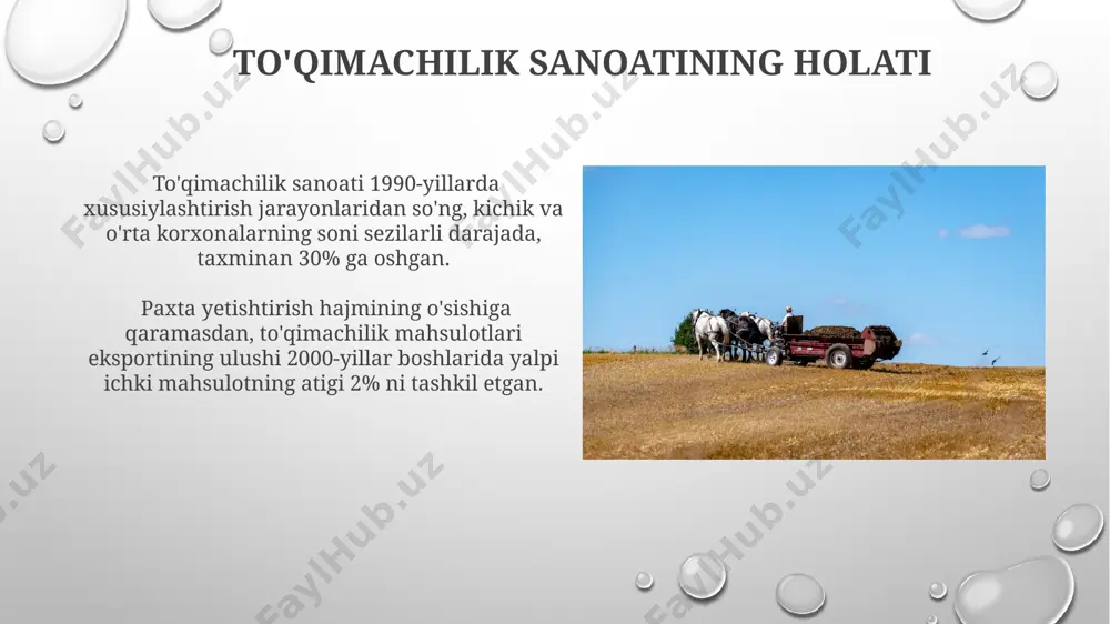 ishlab chiqarishni rivojlantirishga yordam beradi. mustaqillik yillarida kimyo sanoati mahsulotlari eksportining hajmi 5% dan 15% gacha oshdi, bu mamlakat iqtisodiyotiga valyuta tushumini ko'paytirdi. paxtachilik va don ekinlarining rivojlanishi don ekinlarining yetishtirilish maydonlari 1990-yillarga kelib sezilarli darajada kamayib, oziq-ovqat xavfsizligi masalasini yanada murakkablashtirdi, shu bilan birga qishloq xo'jaligining diversifikatsiyasi jarayonini sekinlashtirdi. davlat tomonidan qo'llab-quvvatlanishi natijasida 1980-yillarda sug'oriladigan yerlarning 70% dan ortig'ida paxta yetishtirildi, bu esa boshqa qishloq xo'jalik ekinlarining rivojlanishiga to'sqinlik qildi. neft-gaz sanoatining o'sishi gaz kimyosi sanoati rivojlanishi natijasida, mineral o'g'itlar ishlab chiqarish 20% ga o'sdi, bu o'z navbatida qishloq xo'jaligining samaradorligini oshirdi. neft-gaz quvurlarining uzunligi 1500 km dan oshib ketdi, bu esa neft va gazni qayta ishlash zavodlariga va eksportga yetkazishni ancha yaxshilashga imkon berdi. e'tiboringiz uchun rahmat @taqdimot_robot image3.png image4.jpg image5.jpg image6.jpg image7.jpg image8.jpg image9.jpg image10.jpg image11.jpg image12.jpg image13.jpg image14.jpg image15.jpg image1.png