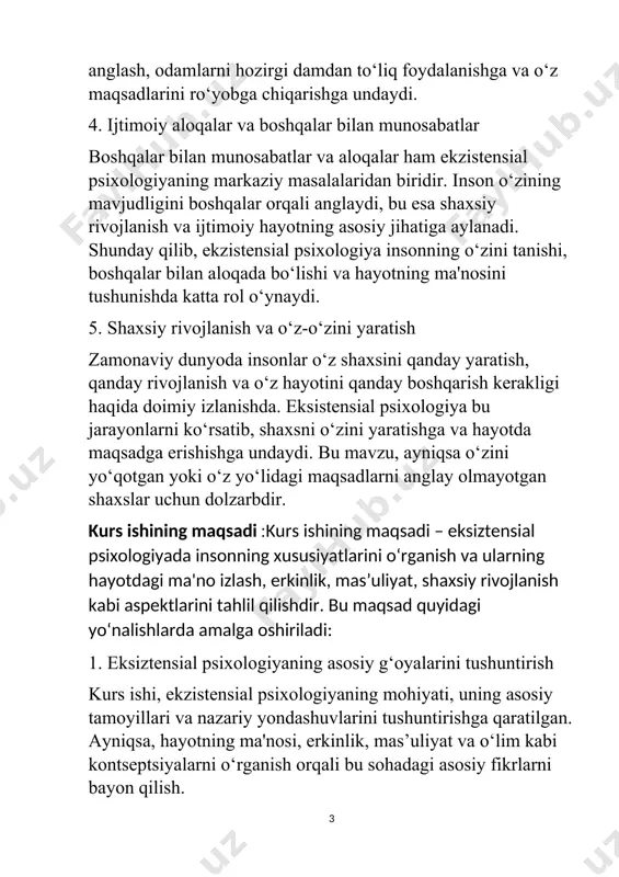 qalar bilan qanday aloqada bo‘lishi kabi masalalar tahlil qilinadi. 4. psixologik yondashuvlarning amaliyotdagi ahamiyatini ko‘rsatish eksiztensial psixologiyaning amaliyotda qanday qo‘llanilishi, ayniqsa ruhiy salomatlikni yaxshilash, depressiya va stressni yengishdagi ahamiyatini ko‘rsatish. bu orqali psixoterapiya jarayonida hayotning ma’nosini izlash va o‘z-o‘zini anglashga yordam beradigan usullarni tahlil qilish. 5. zamonaviy psixologiya va ekzistensial psixologiyaning aloqasini aniqlash kurs ishi ekzistensial psixologiyaning zamonaviy psixologik oqimlar bilan aloqasini o‘rganish va bu yo‘nalishning bugungi psixoterapiya amaliyotidagi o‘rni va ahamiyatini ko‘rsatishga qaratiladi. kurs ishining vazifalari: kurs ishining vazifalari ekzistensial psixologiyaning asosiy tamoyillarini, amaliy ahamiyatini, viktor franklning logoterapiyasini va insonning ekzistensial xususiyatlarini chuqurroq o‘rganishdan iborat bo‘lib, psixologiyaning bu yo‘nalishining zamonaviy psixoterapiya va ruhiy salomatlikdagi o‘rnini tushunishga yordam beradi. kurs ishining obyekti: eksiztensial psixologiyaning inson xususiyatlarini o‘rganish jarayoni va uning psixologik, ruhiy hamda amaliy ahamiyatini tahlil qilish. bunda asosan quyidagi jihatlar kiritiladi:eksiztensial psixologiyaning nazariy asoslari: bu, ekzistensial psixologiyaning asoslanuvchi tamoyillari, xususan, insonning mavjudligi, ma'no izlash, erkinlik, mas’uliyat va o‘lim kabi …