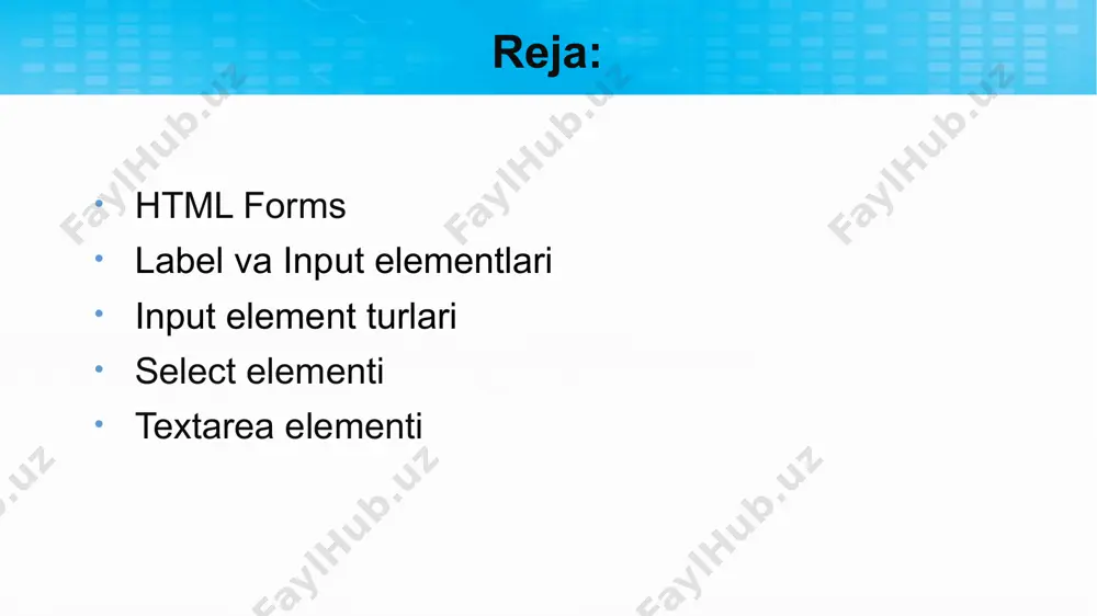 gilaydi. radio tugmalari foydalanuvchiga cheklangan miqdordagi tanlovlardan birini tanlashga imkon beradi. male female other input checkbox belgilash (checkbox) katagini belgilaydi. belgilash katakchalari foydalanuvchiga cheklangan miqdordagi tanlovning variantlarini tanlashga imkon beradi. i have a bike i have a car i have a boat input submit forma ma'lumotlarini forma ishlov beruvchiga (form-handler) topshirish tugmachasini belgilaydi. forma ishlovchisi odatda serverdagi kirish ma'lumotlarini qayta ishlash skriptiga ega fayldir. forma ishlov beruvchisi formaning action atributida ko'rsatilgan. first name: last name: input action action atributi ariza topshirilganda bajariladigan amalni belgilaydi. odatda, ariza ma'lumotlari foydalanuvchi yuborish tugmachasini bosganda serverdagi faylga yuboriladi. quyidagi misolda ariza ma'lumotlari "action_page.php" nomli faylga yuboriladi. ushbu fayl shakl ma'lumotlarini boshqaradigan server tomonidagi skriptni o'z ichiga oladi: first name: last name: select element elementi ochiladigan ro'yxatni belgilaydi. elementlari tanlanishi mumkin bo'lgan variantni belgilaydi. odatiy holatda, ochiladigan ro'yxatdagi birinchi element avtomatik ravishda tanlangan bo’ladi. choose a car: volvo saab fiat audi select element foydalanuvchiga bir …