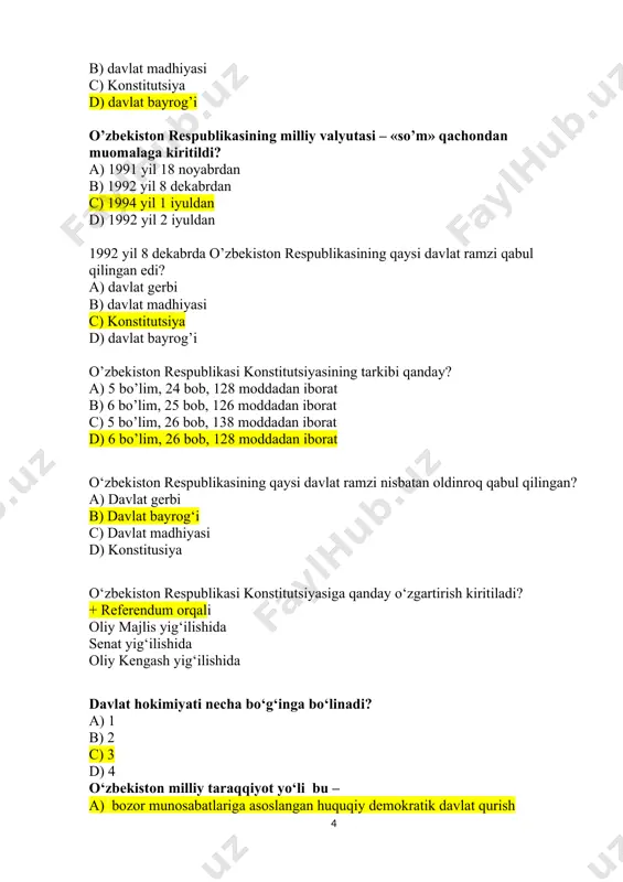 vazir d) viloyat hokimi tumanlarga boysunadigan shahar hokimlari kim tomonida tayinlanadi? a) prezident b) tuman hokimi c) bosh vazir d) viloyat hokimi o‘zbekiston respublikasida saylovlar kim tomonidan tashkil qilinadi? a) prezident tomonidan b) oliy majlis tomonidan c) markaziy saylov komissiyasi tomonidan d) fuqarolar yig’inlari tomonidan o‘zbekiston respublikasida necha yoshga to’lgan shaxslar saylash huquqiga ega? a) 16 b) 18 c) 21 d) 25 necha yoshdan kam bo’lmagan fuqarolar prezidentlikka saylanishi mumkin? a) 35 yoshdan b) 25 yoshdan c) 21 yoshdan d) 18 yoshdan necha yoshga to’lgan fuqarolar oliy majlisga saylanishi mumkin? a) 35 yosh b) 25 yosh c) 21 yosh d) 18 yosh necha toshga to’lgan fuqarolar viloyat, tuman, shahar kengashlariga deputatlikka saylanishi mumkin? a) 35 yosh b) 25 yosh c) 21 yosh d) 18 yosh “o’zbekiston havo yo’llari” milliy aviakompaniyasi qachon tashkil etiladi? a) 1990 yil 16 aprelda b) 1994 yil 21 dekabrda c) 1992 yil 28 yanvarda d) 1996 …