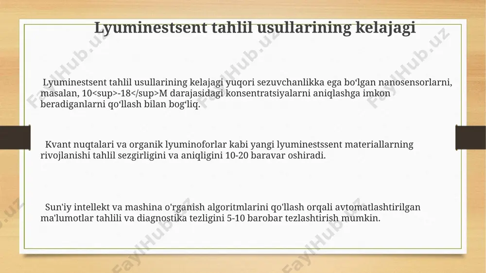 akomillashtirishga yordam beradi. adabiyotlar lyuminestsentsiya spektrometriyasining aniqlik darajasi 0,1% gacha etishi mumkin, bu esa juda kam miqdordagi moddalarni aniqlash imkonini beradi. fotolyuminestsentsiya va elektrolyuminestsentsiya kabi turli lyuminestsentsiya turlarini o'rganish uchun 5 dan ortiq turli asbob-uskunalardan foydalaniladi. lyuminestsentli analiz usullari bo'yicha 100 dan ortiq ilmiy maqolalar va monografiyalar mavjud bo'lib, ularda turli xil namunalarni tahlil qilishdagi tajribalar va natijalar batafsil yoritilgan. xavfsizlik choralari va ekologik masalalar lyuminestsentli analiz usullarida ishlatiladigan kimyoviy moddalarning 90% dan ortig'i ekologik xavfsizlik talablariga javob beradigan, bioboriladigan komponentlardan iborat bo'lishi kerak. lyuminestsent analizdan keyingi chiqindilarni 5.1-sonli "chiqindilarni boshqarish to'g'risida"gi hukumat qarori talablariga muvofiq yo'q qilish lozim. tadqiqot jarayonida 2-3 mg/m³ dan ortiq kontsentratsiyadagi lyuminestsent moddalarning bug'lanishini oldini olish uchun maxsus ventilyatsiya tizimidan foydalanish zarur. lyuminestsent tahlil usullarining qo‘llanilishi lyuminestsent tahlil usullari, masalan, floresensiya spektroskopiyasi, 10-100 nm konsentratsiyadagi biomolekulalarni aniqlashda yuqori sezgirlikni ta'minlaydi va tibbiyotda diagnostika maqsadlarida qo'llaniladi. lyuminestsent mikroskopiya texnikasi 3d tasvirlarni yaratish imkonini beradi va hujayra …