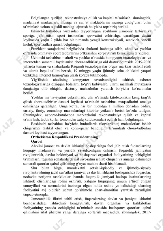 ntirishni taqozo qiladi. shu nuqtai-nazardan prezidentimiz parlamentning muhim qarorlar qabul qilish va qonunlar ijrosini nazorat etish faoliyatini kuchaytirish, ijro hokimiyati tizimini optimallashtirish, maʼmuriy islohotlarni davom ettirish va davlat boshqaruvida zamonaviy menejment usullarini keng qoʻllash, davlat boshqaruvida samaradorlikni oshirish maqsadida davlat xizmatiga malakali mutaxassislarni jalb etishga qaratilgan yagona kadrlar siyosatini shakllantirish, mahalliy hokimiyat organlarining vakolat va masʼuliyatini qayta koʻrib chiqish, ularning mustaqilligini yanada oshirish vazifalarini belgilaydi. boshqaruvda adolatli davlat idora tizimlari shakllanmas ekan, qonun ustuvorligini taʼminlash va sud-huquq tizimini isloh qilishning ustuvor yoʻnalishlari — ikkinchi uzviy bogʻlanuvchi muhim tamoyil taʼminlanmaydi. ular sud hokimiyatining chinakam mustaqilligini taʼminlash, sudning nufuzini oshirish, sud tizimini demokratlashtirish va takomillashtirish orqali amalga oshiriladi. bunday tizimning samarali faoliyati fuqarolarning huquq va erkinliklarini ishonchli himoya qilishning real imkoniyatlarini vujudga keltiradi. jamiyatda adolatli boshqaruvning vujudga kelishi, shubhasiz, iqtisodiyotni rivojlantirish va liberallashtirishning ustuvor yoʻnalishlarini takomillashtirish imkoniyatini yaratadi. ular makroiqtisodiy barqarorlikni mustahkamlash va yuqori iqtisodiy oʻsish surʼatlarini saqlash, tarkibiy oʻzgartirishlarni chuqurlashtirish, milliy …