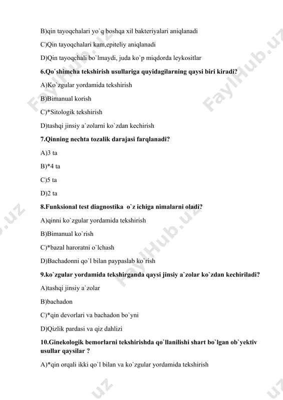 kli deb nimaga aytiladi? a) har oyda hayz ko`rishga b)3 kundan 7 kungacha hayz ko`rishga d) hayz ko`rishning buzilishiga c)*oldingi hayzning 1 kunidan keying hayzning 1 kunigacha 2.gipermenoriya nima? a) *hayz qoning ko`p kelishi b) hayz qoning kamayishi d) tez tez hayz ko`rish c) og`riqli hayz ko`rish 3. hayz kunlarining uzoq davom etishi nima deyiladi? a)oligomeniya b)*polimenariya d)gipermenoreya c)amenoreya 4.amenoreya nima? a)hayz qoning ko`p bolishi b)hayz qoning kam bolishi d)*hayz qoning bo`lmasligi c)og`riqli hayz ko`rish 5.fiziologik amenoreya qachon kuzatiladi? a)*homiladorlik vaqtida b) tuxumdon kistasida d) jinsiy infantilizmda c) gipofizar amenoriyada 6.algodismenoreya nima? a) tez tez hayz ko`rish b)uzoq vaqt hayz ko`rish d)*og`riqli hayz ko`rish c)hayzning bo`lmasligi 7.hayz faoliyatining buzilishiga sabablar qaysi qatorda to`gri berilgan? a)endokrin sabablar,abortlar soning ko`pligi b)irsiyat, ginekologik sabablar d)ko`p bola tug`ish, tez tez shamollash c)* barcha javoblar to`g`ri 8.gipermestrual sindrom nima? a)bachadonni kop qirish b)hayz qoning ko`payishi d)hayz qoning kamayishi c)*tuxumdon garmonlarining buzilishi 9.quyidagi amenoreya turlaridan soxta …