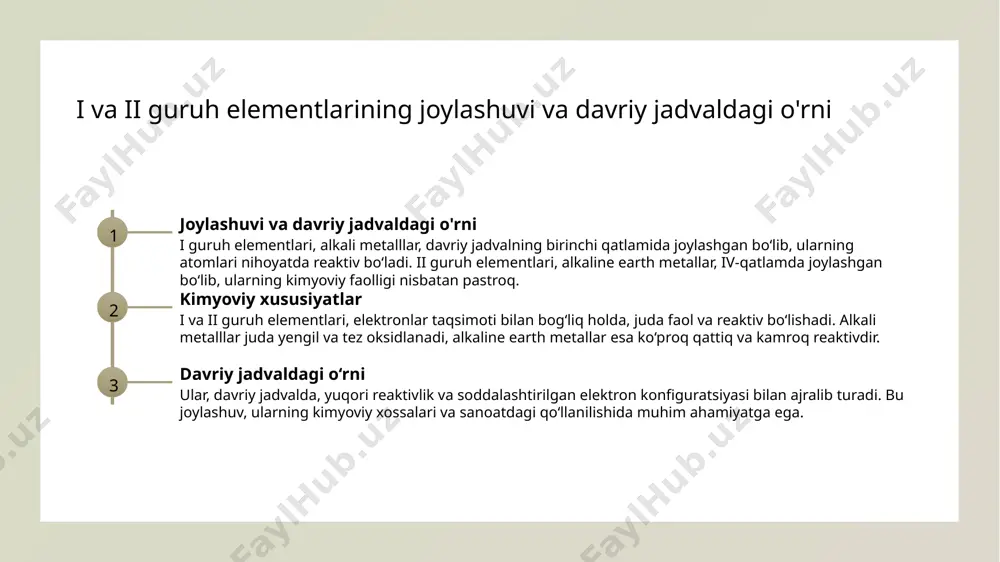 valda joylashgan joyiga qarab, ularning oksidlanish holati, metall yoki metall bo'lmagan xususiyatlari aniqlanadi. i va ii guruh elementlarining o'zaro ta'siri va ularning tabiatdagi roli 01 kimyoviy o'zaro ta'sir i guruh elementlari (alkali metallar) va ii guruh elementlari (alkali yer metal) o'rtasida kimyoviy reaksiyalar yuzaga kelishi mumkin, ular birgalikda yangi birikmalar hosil qilishi mumkin. bu ta'sirlar tabiiy muhitda muhim rol o'ynaydi, masalan, mineral shakllanishida. 02 tabiiy shakllanish bu elementlar tabiatda erkin holatda emas, balki turli minerallar va birikmalar shaklida mavjud. ular odatda suvda eriydigan yoki mineral tuzlar sifatida topiladi, bu esa ularning tabiiy muhitdagi muhim rolini belgilaydi. 03 kimyoviy reaktivlik alkali va alkaline earth metallari juda reaktiv bo'lib, ular odatda suv bilan tezkor reaksiyaga kirishadi. bu xususiyat ular bilan kimyoviy jarayonlarda, sanoatda va ekologiyada muhim ahamiyatga ega. 04 sanoatdagi ahamiyati bu elementlar sanoatda keng qo'llaniladi, masalan, alkali metallari akkumulyatorlar, kimyo sanoati va metallurgiyada, alkaline yer metallari esa qurilish va kimyo ishlab …