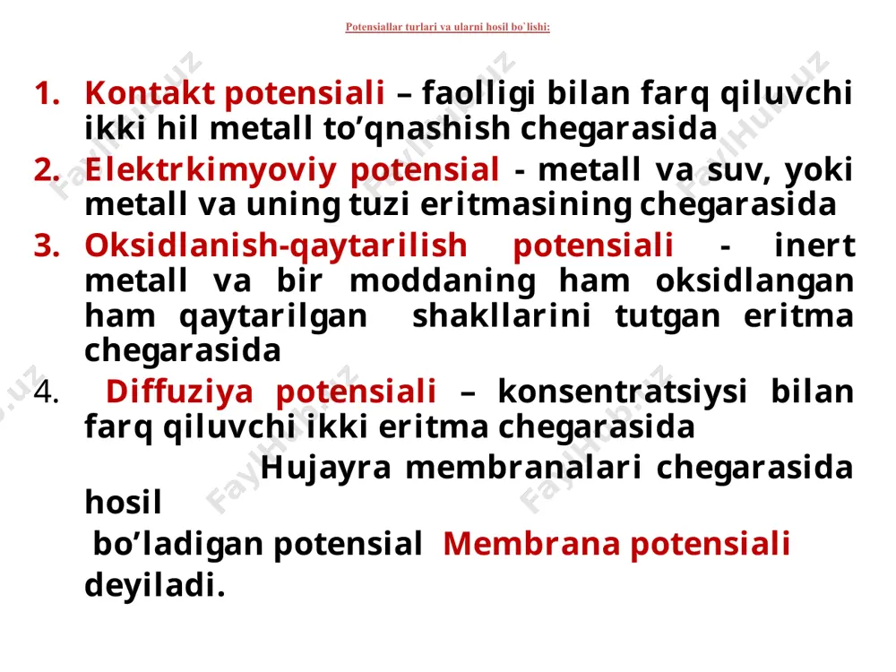 sifatida potensiali nolga teng vodorod elektrodi olinadi. ko`pchilik sistemalarning, ayniqsa organik va biologik redoks sistemalarning potensiallari vodorod ionlari konsentratsiyasiga, ya`ni ph muhitga bog`liq bo`ladi. bu holdagi redoks sistema murakkab redoks sistema deyiladi. murakkab redoks sistemalarga mno4-/ mn2+, hinon-gidrohinon, cr2o72-/ cr3+ lar misol qilinishi mumkin. bunday sistemalar uchun peters tenglamasida oksidlangan va qaytarilgan moddalar konsentratsiyasi bilan birgalikda vodorod ionlarining konsentratsiyasi ham xisobga olinadi: электрод elektrod – tok hosil qiluvchi, ionli o’tkazgich, ya’ni elektrolit bilan kontaktda bo’luvchi moslama. elektrodlar turlarga bo’linadi: 1-tur elektrodlar — bo o’zining tuzi eritmasiga tushirilgan metalladan iborat, potensiali kation konsentratsiyasiga bog’liq elektrodlar 2-tur elektrodlar —o’zining qiyin eruvchan tuzi bilan qoplangan va anioni umumiy bo’lgan tuz eritmasiga tushirilgan metalldan yasalgan elektrod bo’lib ( kumush xloridli, kalomelli, metall-oksidli elektrodlar), ularning potensiali ham kation va ham anion konsentratsiyasiga bog’liqdir. red-ox potensiallarni o`lchashda ishlatiladigan elektrodlar o`lchovchi elektrodlar: pt, ir, pd - e.yu.k uchun pt/ hg/h+, shisha elektrodi - ph uchun solishtirish elektrodlari: …