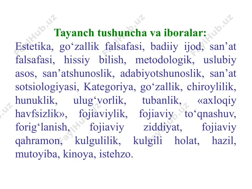 iga xos, chuqur ijobiy ruhiy o‘zgarishlarni vujudga keltiradigan estetik holat. nafosatli (estetik) ong – ma’naviy-ruhiy hodisalar majmui bo‘lib, ular ijtimoiy hayot zaminida vujudga keladigan nafosatli his, did, fikr, orzu, qarash, nazariya tizimini anglatadi. nafosatli ong ijtimoiy hayot zaminida uning bilan mutanosib tarzda o‘zgarib, rivojlanib, takomillashib boradi. estetik ob’ekt inson aloqa va munosabatlar doirasiga jalb etilgan, bevosita idrok etish predmeti sifatida inson va jamiyatning beg‘araz samimiy, ma’naiy ehtiyojlarini qondirishga xizmat qiladigan narsa, buyum, hodisalar, ularga xos estetik xususiyatlar, sifatlar va jarayonlardir. estetik sub’ekt deb muayyan hissiy va aqliy taraqqiyot darajasiga erishgan, estetik qadriyatlarni idrok etish, tushunish, baholash va yaratish qobiliyatiga ega bo‘lgan, konkret ijtimoiy munosabatlar doirasiga tortilgan shaxsga uning ruhiy ma’naviy dunyosiga, individ va jamiyat estetik ongiga, ularga xos sub’ektiv xususiyatlarga aytiladi. estetik munosabat deb estetik hodisalarni, qadriyatlarni idrok etish, baholash, yaratish jarayonida ob’ekt va sub’ekt o‘rtasida vujudga keladigan hissiy-ma’naviy, beg‘araz-samimiy aloqalari, ta’sirlarga aytiladi. estetik ob’ekt inson aloqa va munosabatlar doirasiga …