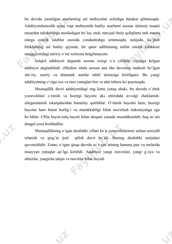 `lgа kiritildi. аdаbiyot yangi mаvzulаr, yangi g`оya vа оbrаzlаr, yangichа tаlqin vа tаsvirlаr bilаn bоyidi. аdаbiyotlаr: 1. izzаt sultоn. qаytа tug`ilish аrаfаsi. «o`zbеkistоn аdаbiyoti vа sаn`аti» gаzеtаsi, 1999 yil 19 mаrt. 2. q.yo`ldоshеv. «yangi аdаbiyotshunоslik nimа», «tаfаkkur», 2000, 3-s. 3. r.qo`chqоr. «mеn bilаn munоzаrа qilsаngiz.-t. «mа`nаviyat», 1998 yil. 4. d.to`rаеv. dаvr vа ijоd mаs`uliyati.t. «o`zbеkistоn аdаbiyoti vа sаn`аti» gаzеtаsi, 2004 yil. 5. q.yo`ldоshеv. sifаt o`zgаrishlаri yo`lidа. «o`zbеkistоn аdаbiyoti vа sаn`аti» gаzеtаsi, 2004 yil yil 9 iyulь.