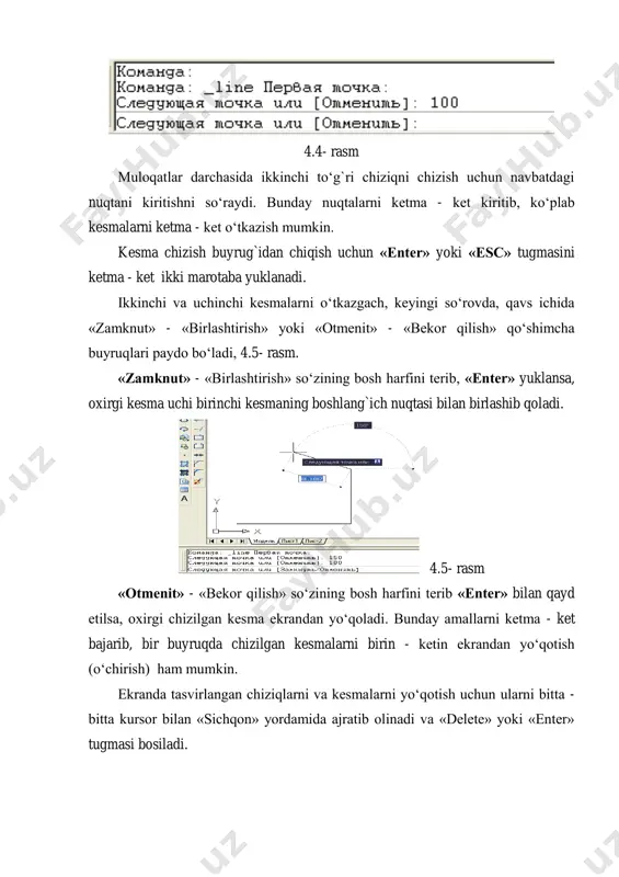 ma nuqtalari bilan joylashgan chiziqlarnigina ekrandan yo‘qotadi. agar, hosil bo‘ladigan ajratish to‘g`ri to‘rt burchaklari o‘ng tomondan boshlansa, (6-rasm b) ular shtrix chiziq bilan tasvirlanib, mazkur sohaga biror uchi kirib qolgan chiziqlarni ham ekrandan yo‘qotish imkoniyatiga ega bo‘ladi. 2. ekrandagi nuqta va kesma vaziyatini o‘zgartirish amali, hamda undan foydalanish algoritmi. bu amaldan foydalanish algoritmi quyidagicha bo‘ladi: 1. nuqta yoki kesma ajratiladi: kursor «+» nishoni «sichqon» yordamida nuqtaga yoki kesmaga keltiriladi va uni chap tugmasi yuklanadi. 2. kursorni nuqtaning yoki kesmaning biror uchidagi kvadrat nishoncha bilan bog`lab, istalgan joyga ko‘chiriladi va qayd etiladi, (7- rasm a). natijada nuqta yoki kesma ekranda yangi vaziyatga va o‘lchamga kelib qoladi. a) 4. 7- rasm b) 3. agar, kesma o‘rtasida joylashgan kvadrat nishonni kursor bilan bog`lab, istalgan joyga ko‘chirilib qayd etilsa, kesmaning yangi vaziyati, dastlab berilgan vaziyatiga parallel holda tasvirlanib qoladi, (4.7- rasm b). 3. “aylana” buyrug‘idan foydalanish va aylana tasvirini yasah usullari algoritmi. aylana buyrug`i …