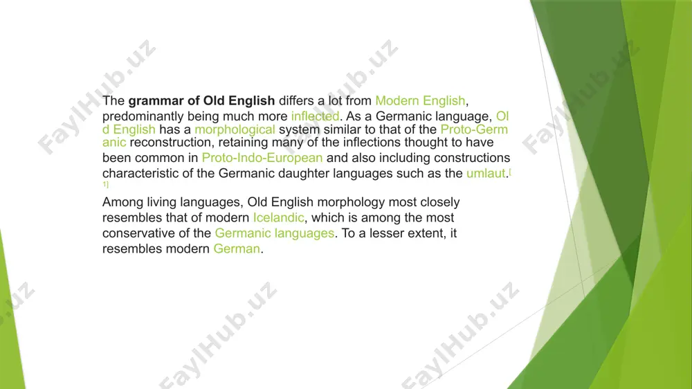 h retains all three genders of proto-indo-european: masculine, feminine, and neuter. each noun belongs to one of the three genders, while adjectives and determiners take different forms depending on the gender of the noun they describe. the word for "the" or "that" is sē with a masculine noun, sēo with a feminine noun, and þæt (which sounds like “that”) with a neuter noun. adjectives change endings: for instance, since hring ("ring") is masculine and cuppe ("cup") is feminine, a golden ring is gylden hring, while a golden cup is gyldenu cuppe. only a few nouns referring to people have a grammatical gender that does not match their natural gender, as in the neuter word mæġden ("girl"). in such cases, adjectives and determiners follow grammatical gender, but pronouns follow natural gender: þæt mæġden sēo þǣr stent, canst þū hīe? ("the girl who [feminine] is standing there, do you know her?").[5] when …