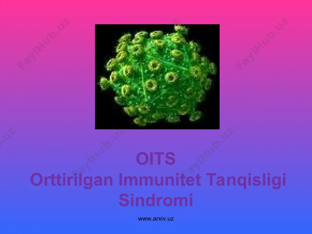 iv.uz oits qanday yuqadi? oits kasalligining yuqish yo`llari juda xilma-xil. virus bemor odam organizmidagi hamma biologik suyuqliklar - qon, sperma, qin ajratmasi va ko’krak sutida uchraydi. shuni ham ta’kidlash zarurki, u so’lak, ko’z yoshi, ter, siydik va najasda ham aniqlangan, lekin ularda virus konsentratsiyasi juda kam miqdorda bo’lgani sababli, kasallik chaqirish qobiliyatiga ega emas. kasallik 3 xil yo`l bilan yuqadi. birinchi- himoyalanmagan jinsiy aloqa orqali- tabiiy yo’l bilan. www.arxiv.uz www.arxiv.uz ikkinchi- parenteral, ya’ni sun’iy yo’l, teri va shilliq qavat butunligining buzilishi bilan kechadigan muolajalarda nosteril tibbiy asboblardan foydalanganda, ayniqsa umumiy igna, shprits bilan giyohvand moddalarni qon tomiriga yuborganda, soqol olish uskunalari va tish yuvish vositalari umumiy ishlatilganda, teriga rasm solganda (tatuaj), tekshirilmagan qon va qon mahsulotlari quyilganda, a’zo va to’qimalar ko’chirib o’tkazilganda. www.arxiv.uz www.arxiv.uz uchinchisi esa vertikal, tabiiy yo’l, ya’ni oivni yuqtirib olgan homilador ayoldan homilaga yoki chaqaloqqa yuqishi (oiv bolaga ona qornidaligida, tug’ish jarayonida va tug’ilgandan so’ng ona suti …