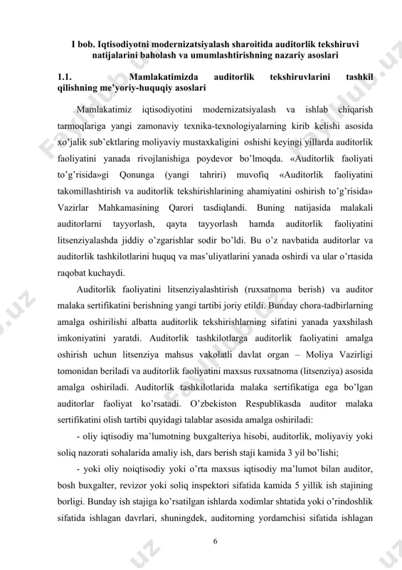a vazirligiga taqdim etiladi hamda ular tomonidan tashkil etilgan imtihondan muvaffaqiyatli o’tgan da’vogar uchun 5 yil muddatga auditor malaka sertifikati beriladi. auditorlik faoliyatining asosiy maqsadi – bozor iqtisodiyoti sharoitida xo’jalik yurituvchi sub’ektlar moliyaviy-xo’jalik faoliyatini amaldagi qonunchilikka asosan atroflicha o’rganish va tahlil etish, muammolarni aniqlash hamda ularni bartaraf etish yuzasidan samarali taklif va tavsiyalar berishdan iboratdir. o’zbekiston respublikasi «auditorlik faoliyati to’g’risida»gi qonunga muvofiq auditorlik tekshiruvlari majburiy va tashabbus bilan o’tkaziladigan auditga ajratiladi hamda quyidagi xo’jalik sub’ektlarining turlari bir yilda bir marotaba majburiy auditorlik tekshiruvidan o’tishlari shartligi belgilangan: · aktsiyadorlik jamiyatlari; · banklar va boshqa kredit tashkilotlari; · sug’urta tashkilotlari; · investitsiya fondlari hamda yuridik va jismoniy shaxslarning ixtiyoriy badallari bo’lmish xayriya fondlari va boshqa ijtimoiy fondlar; · mablag’larning hosil bo’lish manbalari qonun hujjatlarida nazarda tutilgan, yuridik va jismoniy shaxslar tomonidan qilingan majburiy ajratmalar bo’lmish byudjetdan tashqari fondlar; · ustav fondida davlatga tegishli ulushi bo’lgan xo’jalik yurituvchi sub’ektlar. auditorlik tashkilotlari o’z faoliyatida …
