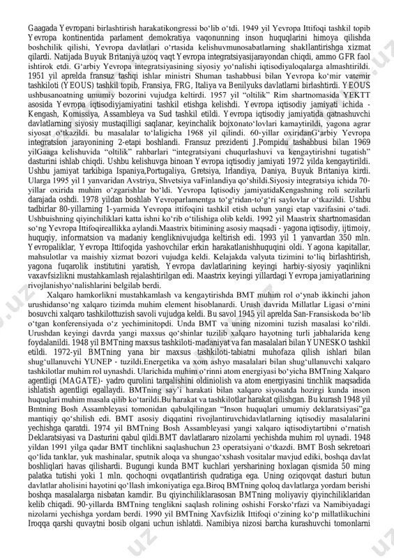 biror davlatning olishi boshqa tomonning mag‘lubiyati hisoblanadi. ikki qudratli davlatlar va ularning bloklarining bosh harakatlanuvchi asoslardan biri o‘zining xavfsizligini ta’minlash edi. ayniqsa, ikki tomonning diqqat markazida harbiy qudrat oshirish turardi. xalqaro munosabatlarning rivojlanishi qurollanish poygasining tezlanishi bilan bog‘liq bo‘lib, odamzot taqdiriga katta xavf tug‘dirgani uchun dunyoning ilg‘or mamlakatlarining kuchlaridan jiddiylikni talab etardi. biroq, dushman bloklarning boshchiligida urushlardan keyingi dunyo adashgan ikki qutblilikka sig‘mas edi. bundan tashqari keyingi o‘n yilliklarda, ayniqsa, 60-yillardan boshlab uni ko‘pgina omillar buzardi. ikkinchi jahon urushidan keyingi jarayonlar kolonial imperiyalarning yemirilishi va ko‘pgina yangi mustaqil har xil g‘oyaviy va siyosiy yo‘nalishlarga ega davlatlarning tashkil topishi muhim ahamiyat kasb etadi. asosan dunyo uch xil turli dunyolarga: 1-kapitalistik, 2-sotsialistik, 3-rivojlanuvchi, iqtisodiy taraqqiyot bosqichi bir-biridan farq qiluvchi dunyolarga bo‘lingan edi. 3. ikkinchi jahon urushi afrika va osiyo davlatlarining ichki taraqqiyotida chuqur va bir necha o‘zgarishlarga olib keldi. birinchi jahon urushidek bu davlatlar xalqlari ixtiyorsiz jang qiluvchi davlatlar tomonidan urushganlar. masalan, …