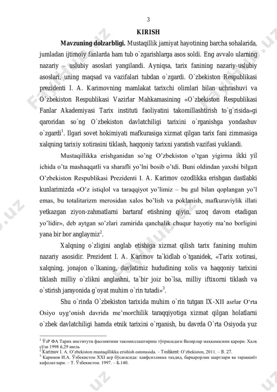 vakillarining mustahkam davlat tuzishi, madaniy taraqqiyot uchun xizmat qilgan tarixiy shart-sharoit atrofida kechgan ijtimoiy- siyosiy jarayonlar mohiyatini chuqurroq anglab etishga, uning madaniy hayoti hamda hukmdorlarning bunyodkorlik shaxsiy fazilatlari, bu xususiyatlarni to`la anglash musulmon uyg‘onishi davrida mamlakat salohiyatini saqlab turgan ichki omillarni aniqlashga xizmat qiladi. mavzuning dolzarbligi ana shu jihatlari bilan belgilanadi. zero, o`zbekiston respublikasi prezidenti i. a. karimov ta`kidlaganidek «…tarix millatning haqiqiy tarbiyachisiga aylanib bormoqda. buyuk ajdodlarimizning ishlari va jasorati tarixiy xotiramizni jonlantirib, yangi fuqarolik ongini shakllantirmoqda» 4 . prezident tarixiy xotira to`g`risida fikrini davom ettirar ekan: «tarixiy xotira tuyg`usi to`laqonli ravishda tiklangan, xalq bosib o`tgan yo`l o`zining barcha muvaffaqiyat va zafarlari, yo`qotish va qurbonlari, quvonch va iztiroblari bilan xolis va haqqoniy o`rganilgan taqdirdagina chinakam tarix bo`ladi,» 5 – deya haqli ravishda qayd etgan. mavzuning o`rganilishi darajasi tahlili shuni ko`rsatadiki, o‘rta osiyoning musulmon uyg‘onish davri tarixi bo`yicha bir qator ilmiy izlanishlar olib borilgan. ushbu tadqiqotlarning asosiy qismida e`tibor movarounnahrda uyg‘onish …