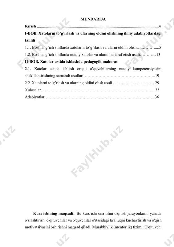 kamlash uchun mo'ljallangan. kurs ishining vazifalari: bu kurs ishining asosiy vazifalari quyidagilar o'qituvchilarni noan'anaviy o'qitish usullari bilan tanishtirish va ularni o'rganishda o'zlashtirish. o'quvchilarga noan'anaviy o'qitish usullari yordamida ma'lumotlarni o'rganishni mustaqil ravishda o'rgatish. o'quvchilarni faol qatnashish va o'rganishga qiziqtirish uchun noan'anaviy darslar tashkil etish. qo'shimcha vositalar, o'yinlar va interaktiv darsliklar orqali o'quvchilarni motivatsiyalash. o'quvchilarni savol-javob usuli bilan ilg'orlash va fikr bildirishga rag'batlantirish. o'quvchilarning o'rganish jarayonlari va ta'lim muhitiga oid fikrlarini e'tirof etish va ularni qollab-quvvatlash. kurs ishinging predmeti: bu kurs ishining predmeti, ona tili darslarini noan'anaviy usullar bilan o'qitish va o'rganishda boshqa turdagi darslar bilan solishtirish va ularni o'zlashtirishni maqsad qiladi. kurs ishi, ona tili darslarini yanada sodda, qiziqarli va samarali qilish, o'quvchilarni noan'anaviy usullar orqali o'rganishga qiziqtirish va ilg'orlash, shuningdek, o'qituvchilarni yangi texnologiyalardan foydalanish va o'rganish usullarini qo'llab-quvvatlashda tayyorlashni maqsad qiladi. kurs ishining obekti: ona tili darslarida noan’anaviy usullardan foydalanish kirish inson faoliyatining har bir sohasida xatolar sodir bo'lishi mumkin. …