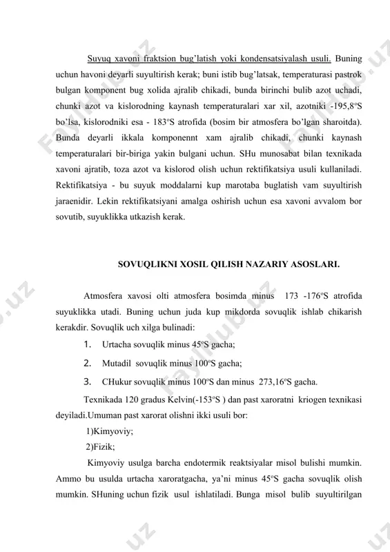 real gazlarga bu qonunlarni qo’llab bo’lmaydi. real gazlarni xolat tenglamalari. har qanday gazni uchta - hajm (v), bosim (r), temperatura (t) kabi o’lchovi bo’lib, ulardan ikkitasi ma’lum bo’lsa, gazning holatini to’la ifodalash mumkin. ularni o’z hajmilari bor. yuqori bosim va past temperaturada (kritik holatga yaqin holatda) mendeleev-klayperon tenglamasini real gazlarga qo’llab bo’lmaydi. pv=p*r*t - bu mendeleev-klayperon tenglamasi. real gazlar uchun vander-val’s tenglamasi qo’llanadi: (p-(a/v2))*(v-v)=rt bu yerda: a-real gazlarning ichki bosimi; a/v2-ichki tortishuv kuchlari; v-atom va molekulalarning xususiy hajmi. real gazlarni ideal gazlardan farqlari shundaki, real gazlarga uta qizigan bug’ sifatida karalishi mumkin, chunki bug’ning sekin-asta sovutilsa, u suyuklikka aylanadi, sovutish yana davom etirilsa u kristal holatga o’tadi. ideal gazlar xar qancha sovutisa ham suyuklikka o’tmaydi. gaz-suyuklik, suyuklik-qattiq, qattiq-gaz muvozanatdabo’lib turgan sharoitlar kritik holat deyiladi, va bunga to’g’ri kelgan rk, tk, vk larni kritik bosim, krtik temperatura va kritik hajm deb ataladi. kritik xaroratdan yuqori xaroratda xech bir gazni suyuklikka utkazib …