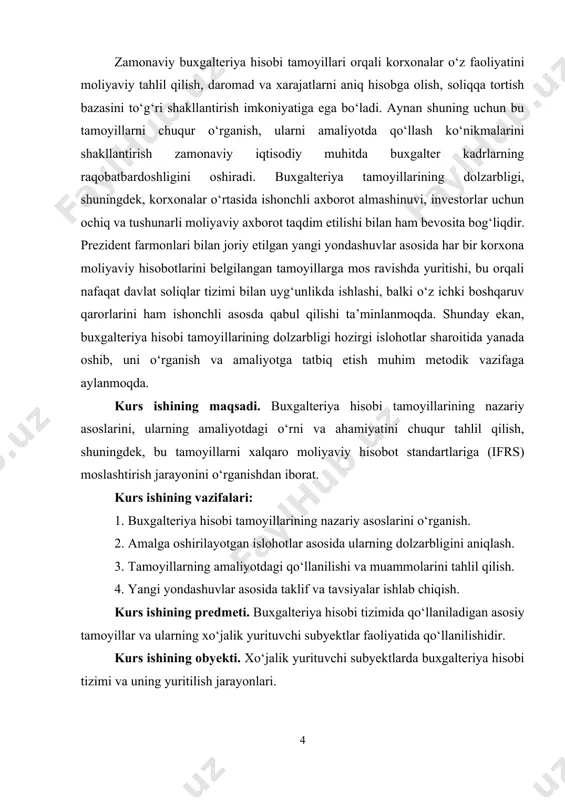 iya hisobiga aloqador ulkan o‘zgarishlar va yangiliklar sodir bo‘ldi. keyingi 10 yillar mobaynida xalqaro standartlarga to‘la-to‘kis javob beruvchi buxgalteriya hisobi tizimini yaratish borasida bir qancha islohotlar olib borilmoqda. buxgalteriya hisobidan foydalanuvchilar doirasi ancha kengayib borayotganligi, integratsiya jarayonlari chuqurlashayotganligi, qo‘shma korxonalar barpo etilayotganligi, jahon moliya bozoriga chiqilayotganligi sarmoyalar, ishchi kuchi va valyutaning ayrim mamlakatlar o‘rtasida erkin harakatlanishi zarurligi buxgalteriya hisobi tizimini jahon standartlariga ko‘chirishni yanada qattiqroq talab qilmoqda. buxgalteriya tushunchasi o‘zining qadimiy tarixiga ega “buxgalter” atamasi nemis tilidan tarjima qilganda ”buck-kitob” “halter-tutish” so‘zlarining birikmasi bo‘lib, kitob tutuvchi degan ma’noni anglatadi. ingliz tilida so‘zlashadigan mamlakatlarda buxgalteriya hisobi “accounting” deb yuritiladi. buxgalteriya hisobida har qanday xo‘jalik operatsiyasi bo‘yicha tegishli tarzda tuzilgan, barcha zarur ko‘rsatkichlarga ega bo‘lgan, mas’ul shaxslar tomonidan imzolangan va tasdiqlangan hujjat tuzilishi kerak. buxgalteriya hisobi - har qanday mulkchilik shaklidagi korxona xo‘jalik faoliyatini yalpi, uzluksiz kuzatish va nazorat qilish, sodir bo‘lgan voqea-hodisalarni hisob registrlarida qayd qilish, ularga ishlov berish hamda hujjatlarga …