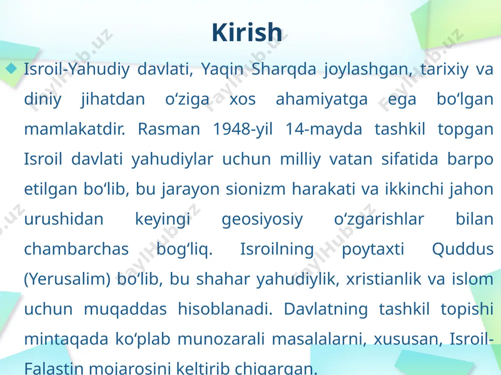 bu esa mamlakatning mudofaa qobiliyatini mustahkamlashga xizmat qiladi. shu bilan birga, ikki davlat o’rtasida ilmiy-tadqiqot, kiberxavfsizlik va razvedka sohasida yaqin hamkorlik mavjud. texnologiya va innovatsiyalar isroil zamonaviy dunyoda “startap millati” sifatida tanilgan bo’lib, bu nom mamlakatning texnologik innovatsiyalar sohasidagi ulkan yutuqlariga ishora qiladi. mamlakat iqtisodiyoti yuqori texnologiyalarga asoslangan bo’lib, bu soha yalpi ichki mahsulotning muhim qismini tashkil etadi. isroilning texnologik taraqqiyoti bir nechta omillar bilan bog’liq. birinchidan, mamlakatda ilmiy-tadqiqot va ishlanmalarga (r&d) katta sarmoya kiritiladi. dunyo bo’ylab r&dga sarflanadigan xarajatlarning yalpi ichki mahsulotga nisbati bo’yicha isroil yetakchi o’rinlardan birini egallaydi. xulosa isroilning zamonaviy taraqqiyoti mamlakatning strategik yondashuvi va global miqyosda raqobatbardosh bo’lish qobiliyatiga asoslanadi. texnologiya va innovatsiyalar sohasida isroil “startap millati” sifatida dunyoda yetakchi o’rinni egalladi. harbiy qudrat va mudofaa sohasidagi yutuqlar mamlakat xavfsizligini ta’minlash bilan birga, global harbiy sanoatda muhim o’rin tutishiga xizmat qildi. aqsh, yevropa va mintaqaviy davlatlar bilan aloqalar isroilning xalqaro maydondagi ta’sirini mustahkamladi. ushbu omillarning barchasi …