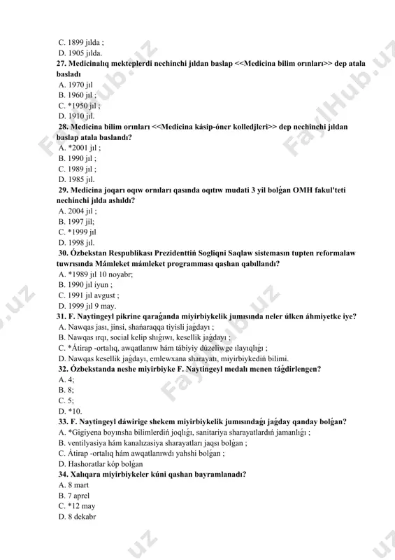 an? a. *gigiyena boyınsha bilimlerdiń joqlıǵı, sanitariya sharayatlardıń jamanlıǵı ; b. ventilyasiya hám kanalızasiya sharayatları jaqsı bolǵan ; c. átirap -ortalıq hám awqatlanıwdı yahshi bolǵan ; d. hashoratlar kóp bolǵan 34. xalıqara miyirbiykeler kúni qashan bayramlanadı? a. 8 mart b. 7 aprel c. *12 may d. 8 dekabr 35. xalıqqa keshe-kundiz medicinalıq tez járdem kórsetiwshi emlew profilaktika shólkemi qaysı juwapda tuwrı kórsetilgen? a. * medicinalıq tez járdem; b. den sawlıqtı saqlaw punkti; c. ambulatoriya; d. poliklinika. 36. dispanser bul-? a. bul shólkem tek gripp keselligi menen kesellengenler menen shuǵıllanadı ; b. qánigelesken dpm bolıp, barlıq kesellik toparı daǵı awırıwlarǵa medicinalıq xizmet kórsetiwge mólsherlengen; c. . * qánigelesken dpm bolıp, ayrıqsha gruppa daǵı awırıwlarǵa medicinalıq xizmet kórsetiwge mólsherlengen; d. bul shólkem kárxanalarda jumıs iskerligin júrgizedi. 37. awıl shıpakerlik punkti (qvp xalıqtıń qaysı qatlamına medicinalıq xızmet kórsetedi? a. *awıl rayonlarındaǵı xalıqqa medicinalıq járdem kórsetedi; b. fizikalıq hám yuridikalıq shahslarga medicinalıq járdem kórsetedi; …