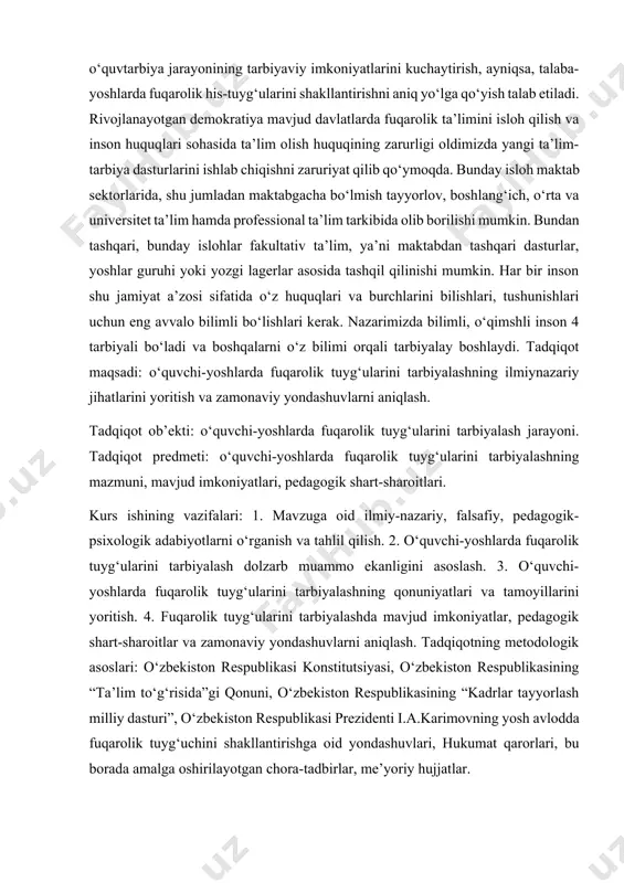 atni bunyod etish jarayonida yangi ijtimoiy fuqarolik tarbiyasini tashkil etish vazifalarini yanada murakkablashtiradi. zero, demokratik, huquqiy jamiyat barpo etilishining muvaffaqiyati fuqarolarning ijtimoiy-siyosiy onglilik darajasi, fuqarolik fazilatlarining qaror topganligi va ijtimoiy faollik ko‘rsatkichlariga bog‘lik. fuqarolikning ijtimoiy asosi yangi ijtimoiy-iqtisodiy munosabatlar bo‘lib, unda fuqarolarning shaxsiy manfaati jamiyat manfaati bilan qo‘shilib, uyg‘unlashib ketadi. milliy va umuminsoniy qadriyatlar mazmunida aks etgan g‘oyalar, demokratik talablar hamda axloqiy-huquqiy me'yorlarga muvofiq faoliyat yuritish ijtimoiy fuqarolik munosabatlarining muhim qoidasiga aylanadi. fuqarolik tarbiyasi fuqarolik tushunchasining mohiyatini anglatish orqali o‘quvchilarda yuksak darajadagi fuqarolik madaniyatini shakllantirish, ularni xalq, vatan, jamiyat manfaatlari yo‘lida kurashuvchi fuqarolar etib tarbiyalashga yo‘naltirilgan pedagogik jarayon. fuqarolik tarbiyasining markaziy ob'ekti fuqaro sanaladi. fuqaro fuqaroligi huquqiy jihatdan e'tirof etilgan hamda muayyan jamiyat (davlat) a'zosi bo‘lgan shaxsdir. fuqarolik esa huquqiy va axloqiy me'yorlarga ongli rioya etish, ma'lum huquqlardan foydalanish hamda burchlarni bajarishga mas'ullik bilan yondoshuv, mehnat jarayoni va jamoadagi faollik, ma'naviy yetuklik asosida muayyan davlatga mansublik. fuqarolik tarbiyasining vazifalari tizimini …