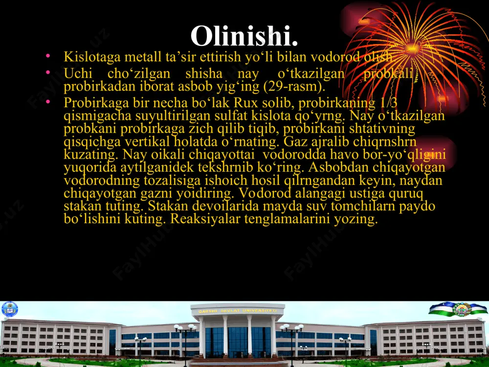 a yaxshilab qizdirilgan marganets (iv) okgida kukunidan golrnadi va probirkaga uchi yalliglaragan chо‘p tushrniladi. (kо‘zga ehtiyot bо‘lrng!). ikkala tajribada kislorodning ajralib chiqish tezligi ikki xil ekanligiga e’tibor bering. reaksiya tengalamasini yozing. kislorodning xossalari 1. temir qoshiqchaga oltingugurtning nuxatday bо‘lakchasini oling. mо‘rili shkaf tagida gaz gorelkasining alangasida yondiring. yonayotgan oltingugurtning alangasi pasiga va о‘lchamiga ahamiyat bering. yonayotgan oltingugurtni kislorodli bankaga tushiring. oltingugurtri kislorodda va havoda yonishini izohlang. reaksiya tenglamasini yozing. 2. temir qoshiqchaga bir bо‘lakcha yog‘och kо‘miridan soling alangada qizdiring va kislorodni bankaga tushiring. kо‘mirning kislorodda yonishida qanday о‘zgarish kuzatiladi? 3. temir qoshiqchaga oz miqdorda qizil fosfor olinib, gorelka alangasida yondiriladi va kislorodli bankaga tushiriladi. bu yerda ham fosforning havoda va kislorodda yonishiga ahamiyat bering. fosfor yonib bо‘lgandan keyin idish og‘zini mahkamlang va hosil bо‘lgan mahsulotni suvda erib ketishi uchun yaxshilab chayqang. qizil va kо‘k lakmus qogozi bilan fosforning yonishi natijasida hosil bо‘lgan oksid eritmasini sinab kо‘ring. nima uchun lakmusning rangi …