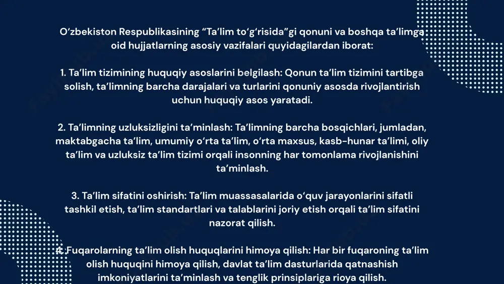 i: o‘zbekiston respublikasi konstitutsiyasi va “ta’lim to‘g‘risida”gi qonunga ko‘ra, har bir fuqaro bilim olish huquqiga ega. davlat fuqarolarning maktabgacha ta’limdan boshlab oliy ta’limgacha bo‘lgan barcha bosqichlarda ta’lim olish huquqlarini kafolatlaydi. majburiy va bepul ta’lim: umumiy o‘rta ta’lim (1-11 sinflar) majburiy va davlat ta’lim muassasalarida bepul hisoblanadi. bu esa har bir bolaga ta’lim olish imkoniyatini yaratadi va ularning kelajakdagi muvaffaqiyati uchun muhim asos bo‘lib xizmat qiladi. maxsus ehtiyojli shaxslar uchun imkoniyatlar: davlat nogironligi bo‘lgan bolalar, yetim bolalar va boshqa maxsus ehtiyojli shaxslar uchun ta’lim olish sharoitlarini yaratadi va ularning ilm olish huquqlarini himoya qiladi. ta’lim tillari ta’limning ko‘p tilli ekanligi: o‘zbekiston respublikasida ta’lim turli tillarda olib boriladi, jumladan, o‘zbek, rus, qoraqalpoq, qozoq, qirg‘iz, turkman, tojik, va boshqa milliy tillarda. ta’lim muassasalari talabga muvofiq ta’lim tillarini tanlaydi. davlat tili va boshqa tillarda ta’lim: davlat ta’lim muassasalarida asosiy ta’lim tili o‘zbek tili bo‘lsa-da, etnik guruhlarning ta’lim olish huquqlarini ta’minlash maqsadida boshqa tillarda ham …