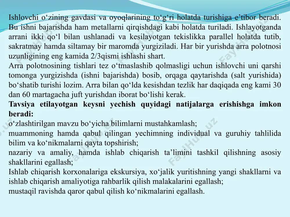h, frezalash stanoklarida silindr va konus shaklidagi detallarga ishlov berish mehnat ta’limi dts talablariga asosan barcha yo‘nalishlarda materialshunoslik bo‘limi o‘qitiladi. mehnat ta’limi o‘quv rejasiga asosan materialshunoslik bo‘limida har bir yo‘nalishda foydalaniladigan materiallarning tarkibi, ularning olinishi, ularning qo‘llanilish sohasi va ulardan buyum tayyorlashdagi xususiy tomonlari, xususiyatlari o‘rgatiladi. texnologiya va dizayn yo‘nalishida: o‘quvchilar turli materiallar (yog‘och, metall, qog‘oz, shisha, plastmassa va boshqalar)ning xususiyatlari to‘g‘risida boshlang‘ich bilimlarga ega bo‘ladilar. metal va yog‘ochlarning turmushda va xalq ho‘jaligida servis xizmati yo‘nalishida: o‘quvchilar gazlamalarga ishlov berish texnologiyasi materialshunoslik bo‘limida gazlama turlari, xususiyatlari, ularga ishlov berishni o‘rganadilar. pazandachilik asoslari bo‘limida respublikada etishtirilayotgan oziq-ovqat mahsulotlarining turlari, navlari, sifatiga bo‘lgan talablari, turli oziq-ovqat mahsulotlariga birlamchi ishlov berish jarayoni, oziq-ovqat mahsulotlarining hamda taomlarning inson hayotidagi o‘rni, xususiyatlari, kimyoviy tarkibi va to‘yimliligini, ovqatlanish meyori va tartibi, oziq-ovqat mahsulotlarini saqlash sharoiti va muddatlarini bilan tanishadilar pazandachilik asoslari. qishloq xo‘jaligi asoslari va boshqalar. mehnat ta’limi, kasb tanlashga yo‘llash darslarida yangi pedagogik texnologiyalarni qo‘llash. …