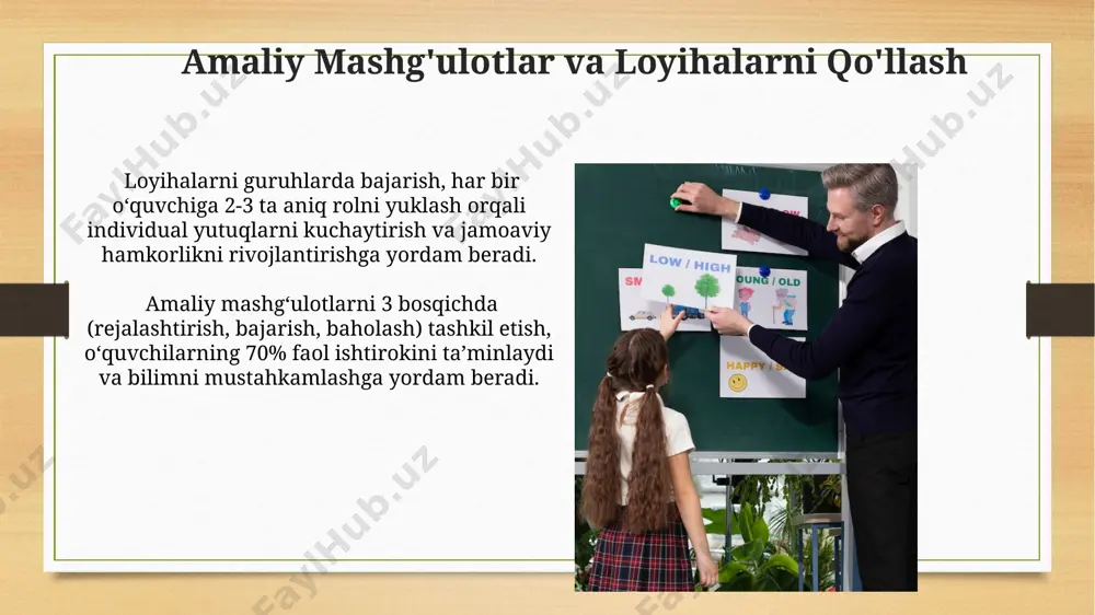 iatsiya va inklyuziya differensiatsiya va inklyuziya strategiyalarini qo'llash natijasida o'quvchilarning bilim olish darajasi 20% ga oshishi va maktabdagi ijobiy munosabatlar 15% ga yaxshilanishi kuzatiladi. ta'limda differensiatsiya 3 ta asosiy usul – moslashuvchan guruhlarda ishlash, individualizatsiyalashgan topshiriqlar va o'quv materiallarining turli darajalarda taqdim etilishi – o'quvchilarning turli ehtiyojlariga moslashish imkonini beradi. talabalarni motivatsiya qilishning samarali usullari o'quv jarayoniga o'yin elementlarini (gamification) kiritish, masalan, ballar, belgilar va mukofotlar tizimini joriy etish orqali talabalarning 80% gacha ishtirokini ta'minlash mumkin. talabalarni 5-7 kishilik guruhlarga bo'lib, hamkorlikda loyihalar ustida ishlashga jalb qilish, ularning o'zaro ta'lim olish va o'rganishga bo'lgan motivatsiyasini oshiradi. o'qitish jarayonini doimiy tahlil qilish va yaxshilash o'quv natijalarini baholashning 5 ta yangi usulini qo'llash orqali o'quv jarayonining samaradorligi 15% ga oshdi. pedagogik texnologiyalarni o'rganish talab etiladi. interaktiv o'yinlarni qo'llash orqali o'quvchilarning ishtiroki 40% ga oshdi, bu esa darsning samaradorligini va o'rganish sifatini oshirdi. e'tiboringiz uchun rahmat @taqdimot_robot image7.jpg image8.jpg image9.jpg image10.jpg image11.jpg image12.jpg …