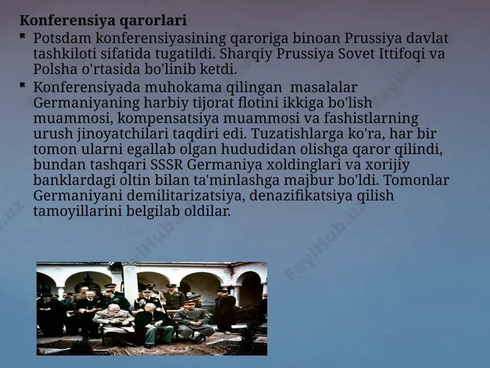 rini o`zi belgilash tamoyiliga asosan rivojlantirish; xalqaro iqtisodiy,ijtimoiy,madaniy va gumanitar xarakteridagi muammolarni yechishda hamkorlik qilish hamda inson huquqlari va erkinliklarini hurmatlashga qaratilgan harakatlarni taqdirlash va rivojlantirish; ushbu umumiy maqsadlarga erishishda millatlar harakatini muvofiqlashtirishda markaz vazifasini bajarish; bmtning qarorgohi, bayrog`i va embelemalarining rasmi muqovada berilgan. bmtning maqsadlari: bmtga har qanday tinchliksevar davlat o`z ixtiyoriga binoan uning nizomini tan olgan va bmtning olib borayotgan ishlarini qo`llab-quvvatlagan taqdirda a`zo bo`lishi mumkin. a`zolikka yangi davlatlar xavfsizlik kengashi, bosh assambleya tomonidan bmtga a’zo etib qabul qilindi. nizomda bmtning tamoyillariga amal qilmagan davlatlarning huquqlarini cheklab qo`yish yoki uni umuman a`zolikda mahrum etish belgilangan. ammo bugunga qadar hali biror bir mamlakat undan chiqarilgan emas. hozirgi kunda bmtga 191ta davlat a`zo. bmt a’zolari barcha a’zolarining suveren tengligi; barcha a’zolar uchun nizomga binoan o`zlari olgan majburiyatini sidqidildan bajarishi; ular o`zlarining barcha xalqaro nizolarini tinchlik yo`li bilan yechishlari kerakki, tinchlik, xavfsizlik va adolat xavf ostida qolmasin; ular o`zlarining xalqaro munosabatlarida …