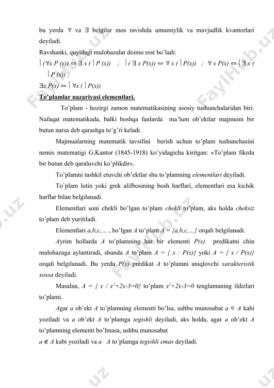 ’plam a = { x : p(x)} yoki a = { x / p(x)} orqali belgilanadi. bu yerda p(x) predikat a to’plamni aniqlovchi xarakteristik xossa deyiladi. masalan, a = { x / x2+2x-3=0} to’plam x2+2x-3=0 tenglamaning ildizlari to’plami. agar a ob’ekt a to’plamning elementi bo’lsa, ushbu munosabat a a kabi yoziladi va a ob’ekt a to’plamga tegishli deyiladi, aks holda, agar a ob’ekt a to’plamning elementi bo’lmasa, ushbu munosabat a ( a kabi yoziladi va a a to’plamga tegishli emas deyiladi. ta’rif. biror elementga ham ega bo’lmagan to’plam bo’sh to’plam deyiladi va ( orqali belgilanadi. ta’rif. agar b to’plamning barcha elementlari a to’plamga tegishli bo’lsa, u holda b to’plamga a to’plamning qism to’plami (to’plamostisi) deyiladi va b( a yoki b( a orqali belgilanadi. ( to’plam ixtiyoriy to’plamning qism to’plami deb qabul qilingan. a va ( to’plamlar a to’plamning hos qism to’plamlari deb yuritiladi. ta’rif. b( a va a ( b …