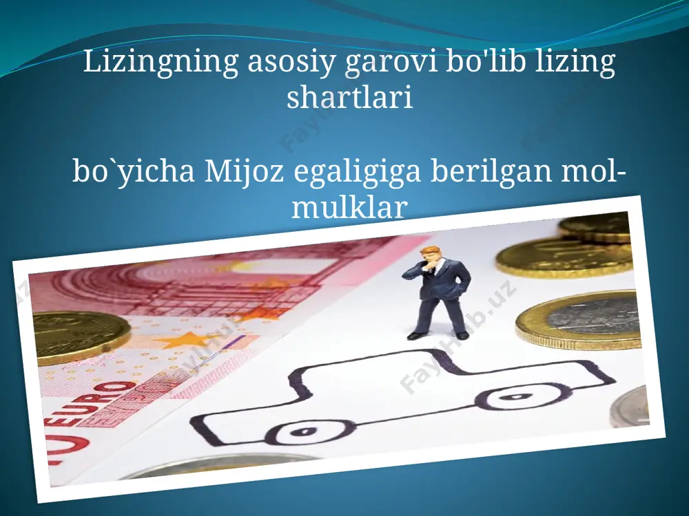 mumkin. lizing stavkasi kredit uchun foiz to'lovi hisob-kitobi kabi aniqlanadi. lizing to'lovlari lizing oluvchi tomonidan jadval asosida to'lanadi. jadval taraflar kelushivi bilan tuzilib, lizing shartnomasining ajralmas qismi hisoblanadi. lizing to'lovi lizing pul o'tkazish yo'li bilan amalga oshirilganda lizing oluvchi lizing to'lovini amortizatsiya ajratmalari, foizlar, komission va qo'shimcha to'lovlar alohida ajratib ko'rsatish bilan aniqlashtirib berilishi shart. lizing to'lovi kelib tushgandan so'ng ajratib ko'rsatilgan alohida to'lovlar bo'yicha bank tomonidan tegishli buxgalteriya o'tkazmalari amalga oshiriladi: lizing uchun foizlar, komission va boshqa to'lovlar tijorat banklari buxgalteriya hisobi hisobvaraqlar rejasiga muvofiq bank daromadiga yoziladi. lizing shartnomasi bo'yicha mol etkazib beruvchiga mablag'lami o'tkazganda: dt 15600- «lizing (moliyaviy ijara) tegishli hisobvarag’, kt 20200- “talab qilib olinguncha saqlanadigan depozitlar” — hisobvarag’i. lizing bo'yicha foiz stavkasi hisoblanganda esa: dt 16323- «lizing bo'yicha hisoblangan foizlar (moliviy ijara) hisobvarag'i, kt 45100- «lizing (moliyaviy ijara) bo'yicha foizli daromadlar» tegishli hisobvarag'i. agar, mijoz (lizing oluvchi)dan lizing to'lovi kelib tushganda, dt 20200-“talab qilib olinguncha …