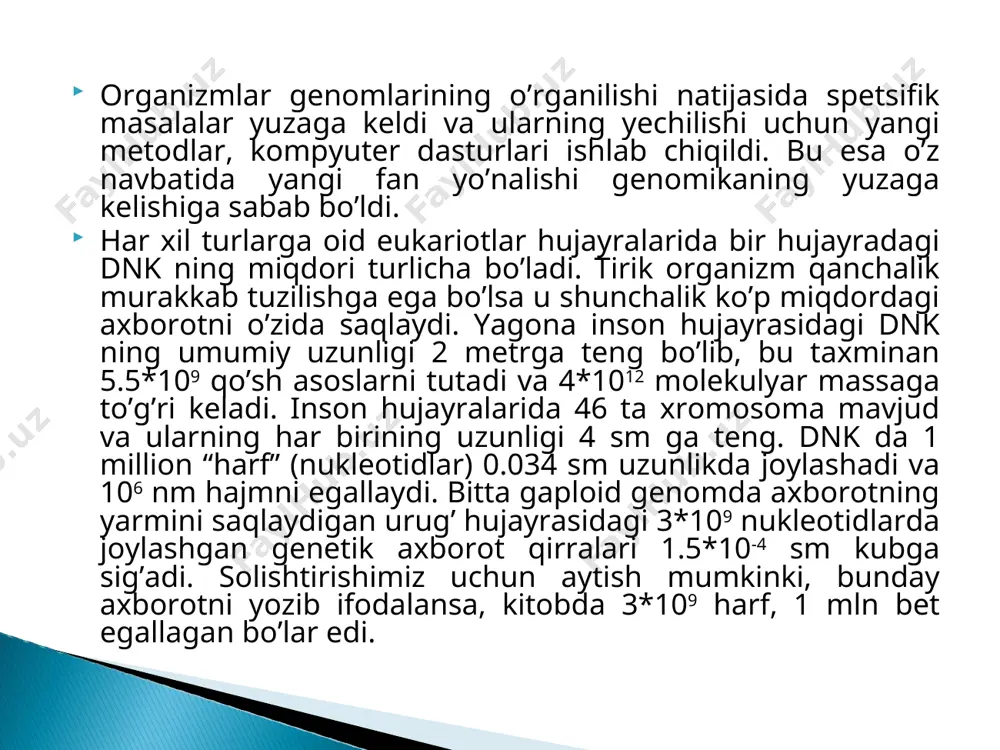 74 yilda kashf etilgan nukleosomalar tufayli xromatin ipi qisman yoyilgan bo’lib, elektromikrofotografiyada munchoq ipiga o’xshab ko’rinadi. shunday qilib shu tarzda shakllangan xususiy nukleosoma 200 qo’sh nukleotid qatorini o’z ichiga oladigan dnk fragmentidir o’tgan asrning 60-yillarning oxirida amerikalik olimlar r.britten, e.devidson va boshqalarning ishlarida eukariotlar genomi molekulyar strukturalarining fundamental xususiyatlari – takrorlanishning turli bosqichlaridagi nukleotidli ketma-ketliklar keltirilgan edi. bu kashfiyot molekulyar – biologik metod yordamida denaturirlangan dnk ning renaturatsiyasining kinetikasini o’rganish jarayonida ochilgan bir nusxadagi takrorlanmaydigan ketma-ketliklar. qoidaga binoan bular sistronlar – oqsillarni kodlovchi strukturaviy genlar. qisqa chastotali takrorlanishlar – o’nlab marotaba takrorlanuvchi ketma – ketliklar. o’rtacha chastotali takrorlanishlar – yuz yoki ming martalab takrorlanuvchi ketma – ketliklar. yuqori chastotali takrorlanishlar -10 million martalab takrorlanuvchi (genomda) ketma – ketliklar. bular kodlanmaydigan ketma – ketliklar bo’lib, geteroxromatinning pritsentromeri tarkibiga kiradi. sichqonning dnk si 70% takrorlanmaydigan, 20% kam va o’rta chastotali takrorlanadigan, 10% yuqori chastotali takrorlanadigan ketma – ketliklardan tarkib topgan. eukariotlar genomidagi …