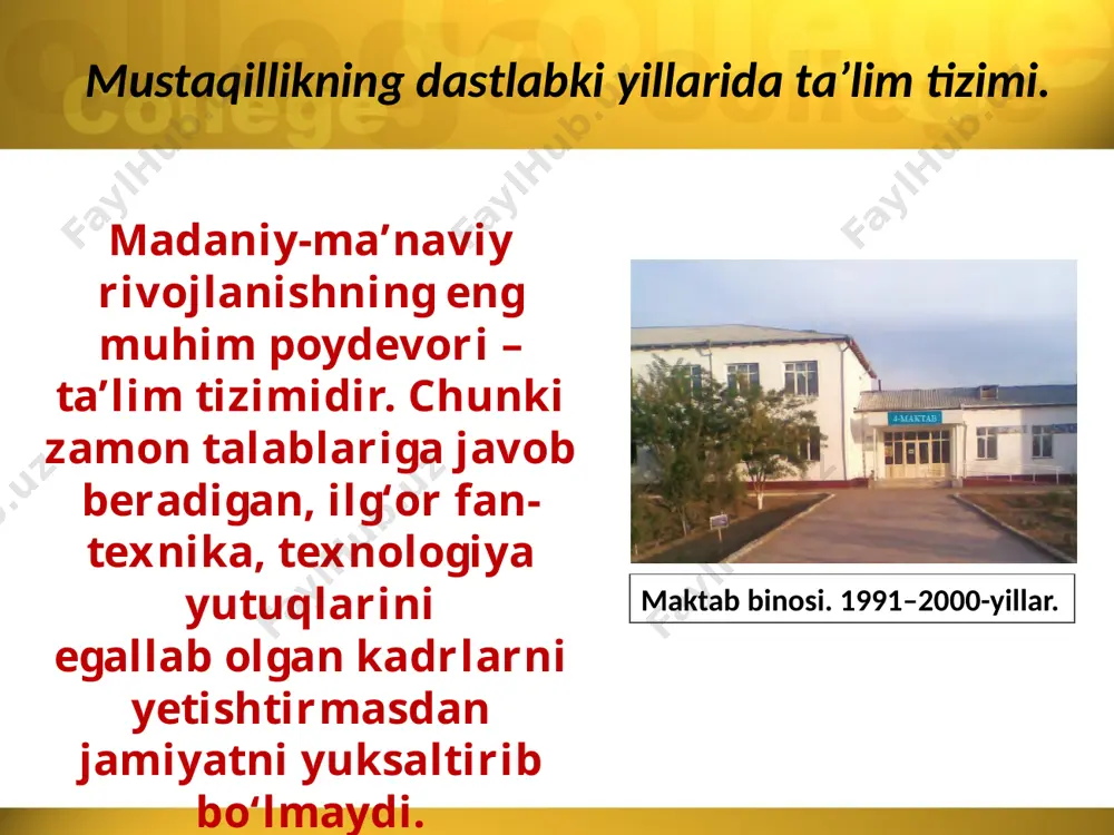 ‘plangan tajribalar umumlashtirilib, shu asosda yurtimizda ta’lim tizimi takomillashtirilib borildi. o‘rta-maxsus, kasb-hunar ta’lim tizimining tashkil etilishi. o‘zbekiston respublikasining “ta’lim to‘g‘risida”gi qonuniga muvofiq umumiy o‘rta ta’limning to‘qqiz yillik etib belgilanishi munosabati bilan to‘qqiz yillik maktabni tugatgan barcha o‘quvchilar ta’lim olishni o‘rta maxsus yoki kasb-hunar kollejlarida davom ettirdilar. 1997-yildan boshlab hozirga qadar 1400 dan ortiq kasb-hunar kolleji, 200 ga yaqin akademik litsey bunyod etildi. 2017-yilgi islohotlar. 2017-yilning o‘zida 10-sinf o‘quvchilari uchun 9 mln. nusxa darsliklar chop etildi va 10 mingga yaqin umumta’lim maktabida 11 yillik ta’limga o‘tilgan holda o‘qitish tizimi yo‘lga qo‘yildi. maktabgacha ta’lim tizimi uzluksiz ta’limning birlamchi, eng asosiy bo‘g‘inidir. na’munali mtm xonasi maktabgacha taʼlim, 6–7 yoshgacha oilada, bolalar bogʻchasida va boshqa taʼlim muassasalarida olib boriladi. o‘zbekiston respublikasi prezidenti shavkat mirziyoyev 2017-yil 30-sentabrda “maktabgacha ta’lim tizimini boshqarishni takomillashtirish to‘g‘risida”gi farmonni imzoladi. savol va topshiriqlar: 1. 1992–1997-yillardagi ta’lim tizimining keyingi yillardagisidan farqli jihatlarini sanab bering. 2. uzluksiz ta’limni rivojlantirish omillari nimalardan iborat? …