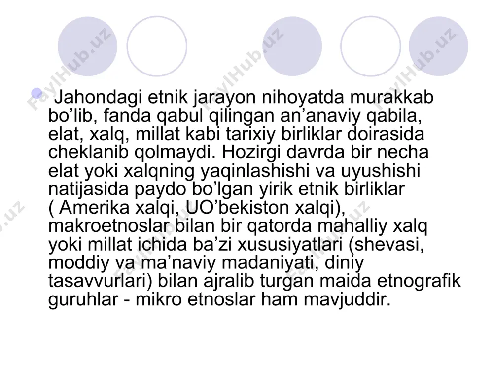 inlar kiradi. sharqiy va janubiy-sharqiy yevropada slavyan tillarida so’zlashuvchi chexlar, slavaklar, polyaklar, lujichanlar, bolgarlar, chernogorliklar, xorvatlar, makedoniyaliklar, bosniyaliklar yashaydi. german tilida so’zlashadigan avstrayaliklar, nemislar, gollandlar, flamandlar, shvedlar, norveglar, daniyaliklar, ispanlar, inglizlar, lyuksemburgliklar, elzasliklar va qisman shvetsariyaliklar markaziy g’arbiy va shimoliy yevropada yashovchilar. jahon aholisining yarmiga yaqini osiyoda joilashgan bo’lib, mingdan ortiq etnik tuzilishi, tili, madaniy iqtisodiy darajasi va maiishiy turmushi bilan bir biridan farq qiladigan turli elat va xaqklar yashaydi. osiyoning ko’p qismi odamning vatani (ya’ni antropogenez) dir. bu yerda juda ko’p dastlabki qadimiy tilllar, asosiy irqlar shakllangan, qadimgi madaniyat markazi, jahon dinlari (xristianlik, buddizm va islom,) paydo bo’lgan. yaponiya, koreya, bangladesh va ko’pgina arab mamlakatlari milliy birlik jihatdan ajralib turadi (asosiy xalq 95 foizni tashkil qiladi). birma, vetnam, iroq, kampuchiya, suriya, turkiya, xitoy, shri lanka aholisining 75 foizi yagona xalqdan iborat. afganistan, eron, hindiston, pokisgpon, indoneziya, filippin murakkab ko’p millatli mamlakatlarga kiradi. ayrim xalq va elatlar (kurdlar, balujiylar, panjoblar) …