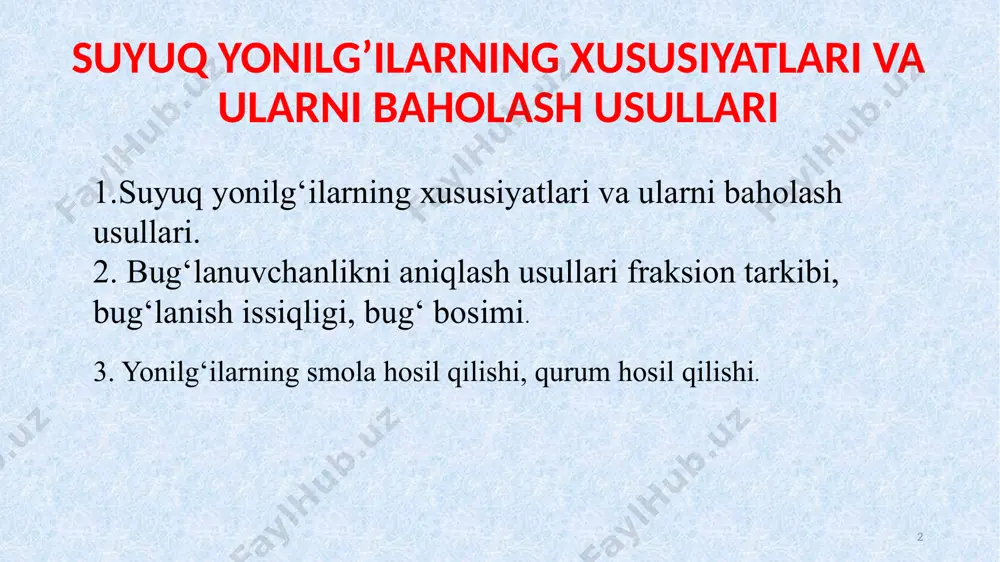, tashkil etadi:kislorod (o2), azot (n2), karbonat angidrid (co2), oltingugurt gazi (so2), suv bug‘lari (h2o). suyuq va qattiq yonilg‘ilar kimyoviy tomondan aniqlanishi qiyin bo‘lgan, molekulyar massalari har xil bo‘lgan yonuvchi moddalardir. shu sababli, yonilg‘ilarning tarkibini kimyoviy tahlil qilishda modda turlariga ajratilmay, balki kimyoviy elementlar miqdoriga qaraladi. yonilg‘i tarkibida qaysi element, massa bo‘yicha, necha foiz ekanligi aniqlanadi. bu sonlar yonilg‘i sifatini bildiradi. 5 suyuq va qattiq yonilg‘ilar kimyoviy tomondan aniqlanishi qiyin bo‘lgan, molekulyar massalari har xil bo‘lgan yonuvchi moddalardir. shu sababli, yonilg‘ilarning tarkibini kimyoviy tahlil qilishda modda turlariga ajratilmay, balki kimyoviy elementlar miqdoriga qaraladi. yonilg‘i tarkibida qaysi element, massa bo‘yicha, necha foiz ekanligi aniqlanadi. bu sonlar yonilg‘i sifatini bildiradi. 6 uglerod (c)- yonilg‘i yonuvchi qismining asosini tashkil qiladi. uning miqdori ortib borishi bilan yonilg‘ining issiqlik qimmati ham yaxshilanadi. har xil yonilg‘ilar tarkibida 50...97 % oralig‘ida bo‘lishi mumkin. vodorod (h2)- yonilg‘i tarkibida ahamiyati jihatidan ugleroddan keyin ikkinchi o‘rindagi yonuvchi element. yonilg‘i tarkibida …