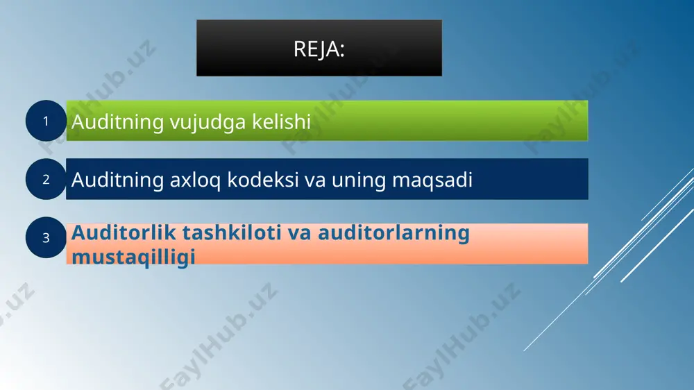lotincha bo’lib, “auditing” – aynan tarjimasi “u eshitayapti”, “eshituvchi” degan ma’nolarni bildiradi. auditor (lotincha «auditor» - tinglovchi, o‘quvchi) – xo‘jalik yurituvchi sub`yektning belgilangan davrdagi moliya-xo‘jalik faoliyatini tekshiruvchi shaxs. auditorlik faoliyatining rivojlanish bosqichlari tasdiqlovchi audit – bunda asosan hisob registrlari va hujjatlar tekshirildi. maqsadli sistemali audit – bu bosqichda muomala (operatsiya)larni nazorat qilish sistemasini kuzatish imkoniyati yaratildi. maqsadli sistemali audit shakllanishi bilan auditorlar ichki nazorat orqali ekspertiza o‘tkaza boshladilar. buning oqibatida shu narsa isbotlandiki, agar ichki nazorat tizimi samarali tashkil qilingan bo‘lsa, xato va kamchiliklarni aniqlash uchun muhim tekshirishlar o‘tkazishga hojat qolmaydi. tavakkalchilikka asoslangan audit - sistemani nazorat qiluvchi shaxslar tomonidan qabul qilingan boshqaruv qarorlariga baho beriladi. tavakkalchilikka asoslangan audit yoppasiga yoki tanlov yo‘li bilan o‘tkaziladigan tekshirish bo‘lib, u korxona faoliyati sharoitidan kelib chiqadi va asosan tor doiradagi obyektlarni tekshirish bilan yakunlanadi. аuditorlik tashkiloti oʼz faoliyatini amalga oshirishda mustaqildir. аuditorlik tashkiloti vazirliklar, davlat qoʼmitalari, idoralar hamda boshqa davlat va xoʼjalik boshqaruvi …