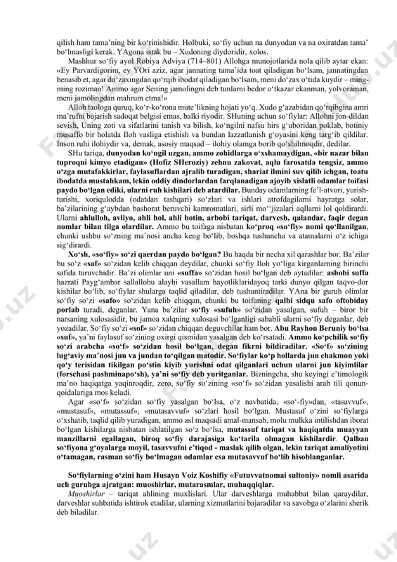 egallay boshladi. bu hol diniy amrlarni ado etishni har qanday dunyoviy ishlar, boyliklardan ustun qo‘ygan e’tiqodli kishilarning noroziligiga sabab bo‘ldi. ular orasida hadis to‘plovchi muhaddislar, ilgaridan qashshoq bo‘lib, uy-joy, mol-mulkka e’tibor qilmagan sahobalar ham bor edi. bularning bir qismi dinni himoya qilib, ochiq kurashga otlangan bo‘lsalar, ikkinchi qismi esa, qanoat va zuhdni («zuhd» so‘zidan «zohid» so‘zi kelib chiqqan) asosiy maqsad qilib olib, saroy ahli va sarvatdorlar, boylar axloqiga qarshi norozilik belgisi sifatida tarkidunyochilik g‘oyasini targ‘ib etib, ijtimoiy faoliyatdan butunlay chetlashganlar, surunkali toat-ibodat bilan shug‘ullanganlar. kufa, bag‘dod, basra shaharlarida tarkidunyo qilgan zohidlar ko‘p edi, aytish kerakki, ularning obro‘-e’tibori ham xalq orasida katta bo‘lgan. chunonchi, uvays qaraniy (vii asr), hasan basriy (642–728) kabi yirik so‘fiylar aslida zohid kishilar edilar, shuning uchun bu zotlarning nomi shayxlar va so‘fiylar haqidagi tazkiralarda zohid sifatida tilga olinadi, ba’zi mualliflar esa ularni so‘fiylar qatoriga qo‘shmaganlar ham. buning boisi shuki, zohidlar uzlat va taqvoni pesha etgan bo‘lishlariga qaramay, …