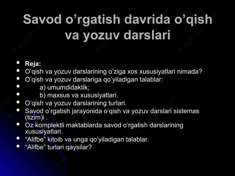 h va yozuv darslariga uzviy bog’lanib ketadi. o’quvchilarning sinfdan tashqari o’qishlariga rahbarlik qilishlariga haftada bir marta 20 daqiqa ajratiladi. savod o’rgatish darslarida vaqti-vaqti bilan dam olish daqiqalari o’tkaziladi. darslar sistemasi deyilganda o’quv vaqtini mavzularga nazariy va amaliy jihatdan rejali taqsimlangan darslarning mantiqiyligi va istiqboli bir-biri bog’langan dars turlari va unda o’qituvchi bilan o’quvchilar foydalaniladigan asosiy metodik vositalar xilma-xil bo’lgan izchillik nazarda tutiladi. amaldagi “alifbe” darsliklari va ularga yozilgan qo’llanmalarga asosan savod o’rgatishda tayyorgarlik davri uchun 8 dars, alifbedan so’nggi davrga ham 8 dars ajratiladi. oraliq davr “alifbe” davri hisoblanadi. ta’limning har bir bosqichidagi darsning o’ziga xos xususiyatlari mavjud. darsning tizimini qurilishida ichki mantiqiylik bo’lib, har bir tizimda yangi tovush harf o’rganiladigan dars bilan yangi mavzu o’rganilmaydigan darsni navbatlashtirish, orfografiya va so’zning bo’g’in tuzilishi haqida ma’lumot berish, o’quvchilar nutqi va tafakkurini o’stirish kabi talablarga rioya qilinadi. darslar tizimi takrorlash-umumlashtirish darsi bilan yakunlanadi. oz komplektli maktablarda savod o’rgatish darslarining xususiyatlari oz komplektli …