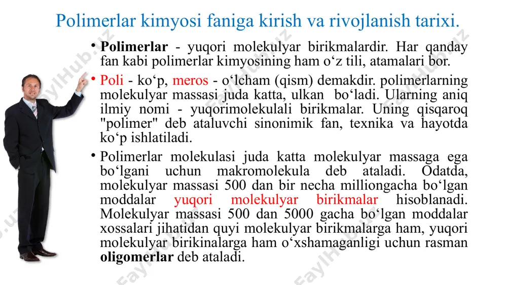 tabiiy kauchukka qiziqib uning xossalarini o‘rgandi.u kauchuk ustida fundamental izlanishlar olib borib, kauchuk cho‘zilganda qizishini aniqlab, ya’ni siqilgan gazlarga o‘xshab xossasi o‘zgarishini aniqladi pоlimerlаr kimyosi fаniga kirish vа rivоjlаnish tarixi. rezina kabi juda elastik materiallarni tabiiy kauchuk asosida olish shunga o’xshash materiallarni sintez qilish usullarini tadqiq qilishga turtki bo’ldi. 1908 yilda s.v.lebedev* bu maqsadda tutash qo’shbog’li diolefinlardan foydalanishni taklif qildi. butadiyen, izopren, dimetilbutadiyen, keyinchalik esa xloropren kabi diyenlarni polimerlab vulkanlanadigan chiziqsimon tuzilishli yuqori molekulyar to’yinmagan polimerlar olish mumkin bo’ldi. 30-yillar boshiga kelib butadiyen va uning hosilalarini polimerlab sintetik kauchuk ishlab chiqarish rivojlana boshladi. rezinaga bo’lgan talabning ortishi yangidan-yangi monomerlarni sintez qilish va ularni polimerlash usullarini takomillashtirish yo’llarini qidirishga olib keldi. 1918 yilda klatte asetilen va sirka kislotasidan vinilasetat sintez qilib, uni termik polimerlab yuqori molekulyar birikma olish yo’lini ko’rsatdi. bunda birinchilardan bo’lib peroksidlar inisirlash qobiliyatining to’yinmagan birikmalarni radikal polimerlashga ta’siri aniqlandi. 1927 y. german va genel polivinilasetatdan polivinil spirti olish …