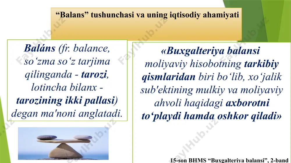rini tashkil topish manbalri ikkiga bo‘linadi: xususiy kapital va majburiyatlar xususiy kapital - bu ustav sarmoyasi, qo‘shilgan sarmoya, zaxira sarmoya, sotib olingan o‘z aksiyalari, taqsimlanmagan foyda (qoplanmagan zarar), maqsadli tushumlarva kelgusi xarajatlar va to‘lovlar zaxiralardan iborat. majburiyatlar – ikki qismga bo‘linadi: uzoq muddatli va joriy majburiyatlar: uzoq muddatli kreditorlik qarzlar, mol yetkazib beruvchilar, ish haqi, soliq to‘lovlari va qisqa muddatli qarzlardan tashkil topadi. 17 3. xo‘jalik mablag‘lari va uni tashkil topish manbalari mablag‘lar manbalari (passiv) ustav kapitali qisqa muddatli majburiyatlar kelgusi davr xarjatlari to‘lovlari rezervi rezerv kapitali uzoq muddatli majburiyatlar o‘z mablag‘lari manbalari majburiyatlar qo‘shilgan kapital sotib oligan xususiy aksiyalar taqsimlanmagan foyda maqsadli tushumlar 18 buxgalteriya balansi shakli ko‘rsatkichlar nomi satr kodi hisobot davri boshiga hisobot davri oxiriga 1 2 3 4 aktiv i. uzoq muddatli aktivlar i. dolgosrochnie aktivi asosiy vositalar: boshlang‘ich (qayta tiklash) qiymati (0100, 0300) 010 eskirish summasi (0200) 011 qoldiq (balans) qiymati (satr. 010 — 011) …