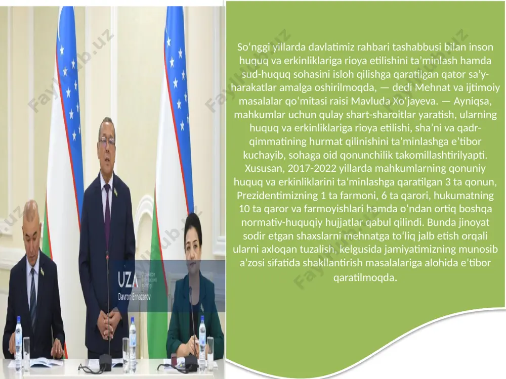 irda qo‘shib hisoblanishi mumkin. bundan tashqari, mahbuslarga nisbatan g‘ayriqonuniy yoki kamsituvchi jazo choralarini qo‘llashga yo‘l qo‘yilmasligi, shuningdek, mahkumlar tarjimon bilan bir qatorda surdotarjimon xizmatidan foydalanishiga ham ruxsat berilmoqda. shu bilan birga, ozodlikdan mahrum etilgan 1- va 2-guruh nogironligi bo‘lgan shaxslar uchun mo‘ljallangan umumiy turar joylar maxsus vositalar va moslamalar bilan jihozlangan bo‘lishi kerakligi nazarda tutilyapti. yana bir muhim jihat – mahkumlarning tuzalish yo‘liga o‘tganini belgilash mezonlari, mahkumlarni rag‘batlantirish masalalari, ozodlikdan mahrum etishga hukm qilingan shaxslar ishdan bo‘sh soatlarda, tungi dam olish uchun ajratilgan vaqtdan tashqari, kinofilmlar va teleko‘rsatuvlar ko‘rish huquqi aniq belgilanmoqda. oliy majlis qonunchilik palatasining shu yil 2-avgust kuni boʻlib oʻtgan majlisida “oʻzbekiston respublikasining ayrim qonun hujjatlariga mahkumlarning huquqlari va qonuniy manfaatlarini ishonchli himoya qilishga qaratilgan oʻzgartish va qoʻshimchalar kiritish toʻgʻrisida”gi qonun loyihasi birinchi oʻqishda qabul qilingan edi. mazkur qonun loyihasi bilan oʻzbekiston respublikasining “fuqarolarning davlat pensiya taʼminoti toʻgʻrisida”gi, soliq kodeksi hamda jinoyat-ijroiya kodekslariga tegishli oʻzgartish va qoʻshimchalar kiritilmoqda. …
